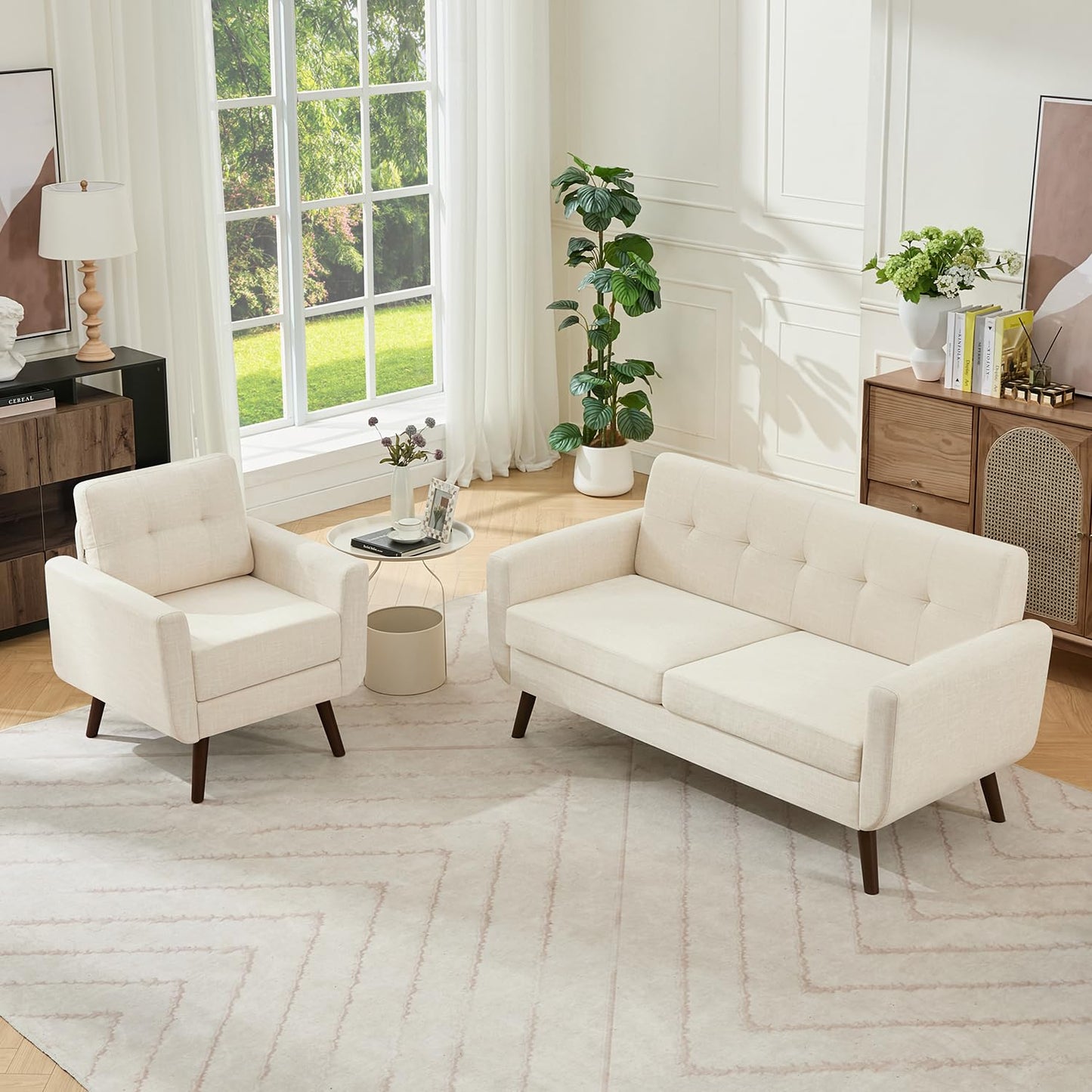 Tbfit 65" W Loveseat Sofa, Mid Century Modern Love Seat Couches for Living Room, Button Tufted Upholstered Small Couch for Bedroom, Solid and Easy to Install Love Seats Furniture, Grey