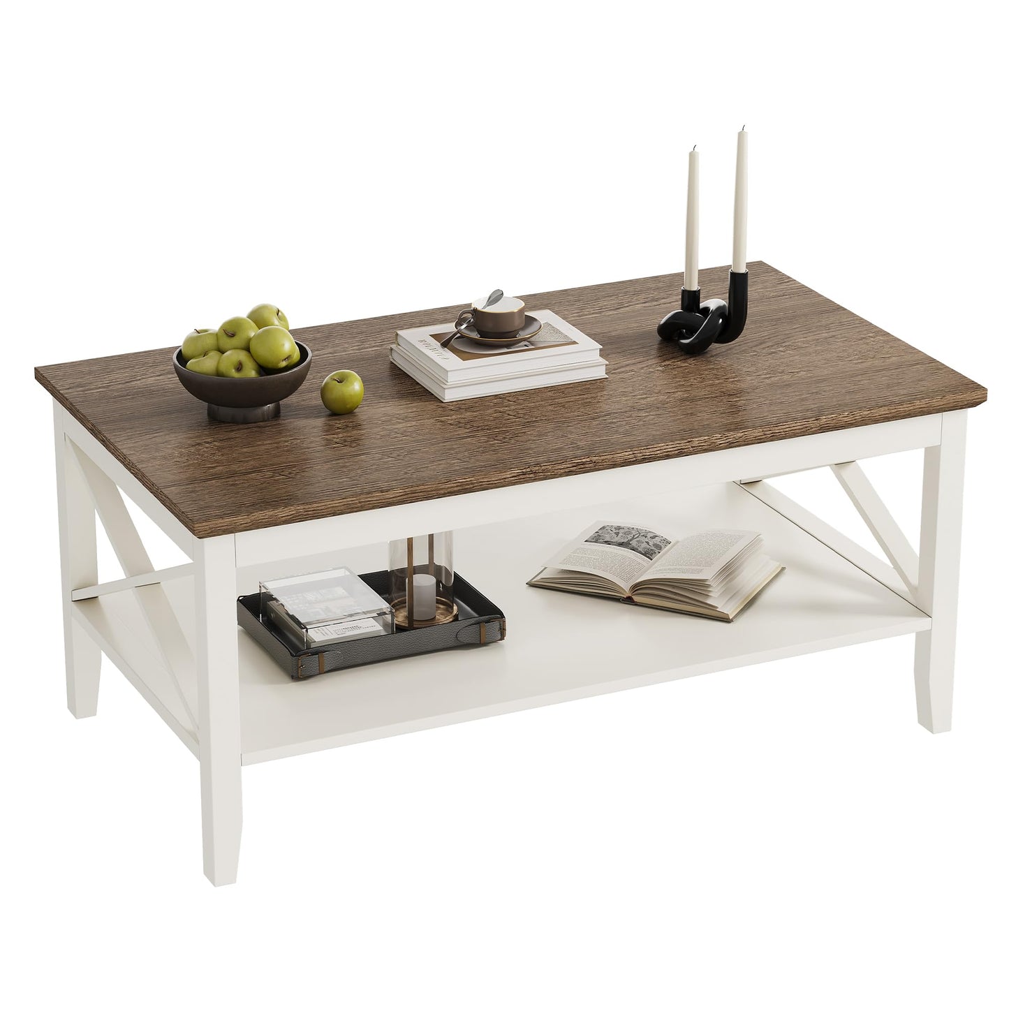 ChooChoo White Coffee Table Classic X Design for Living Room, Rectangular Modern Cocktail Table with Storage Shelf, 39 Inch