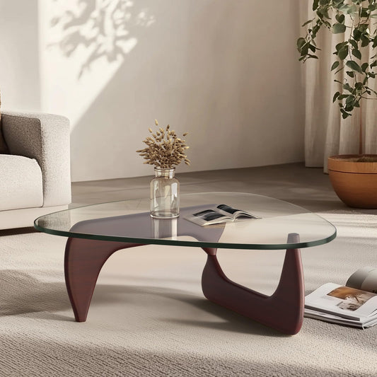 Noguchi Coffee Table – Mid-Century Modern Triangle Glass Coffee Table with Clear Tempered Top & Wood Base, End Table for Living Room Office Hotel Balcony, 50" W x 37.5" D