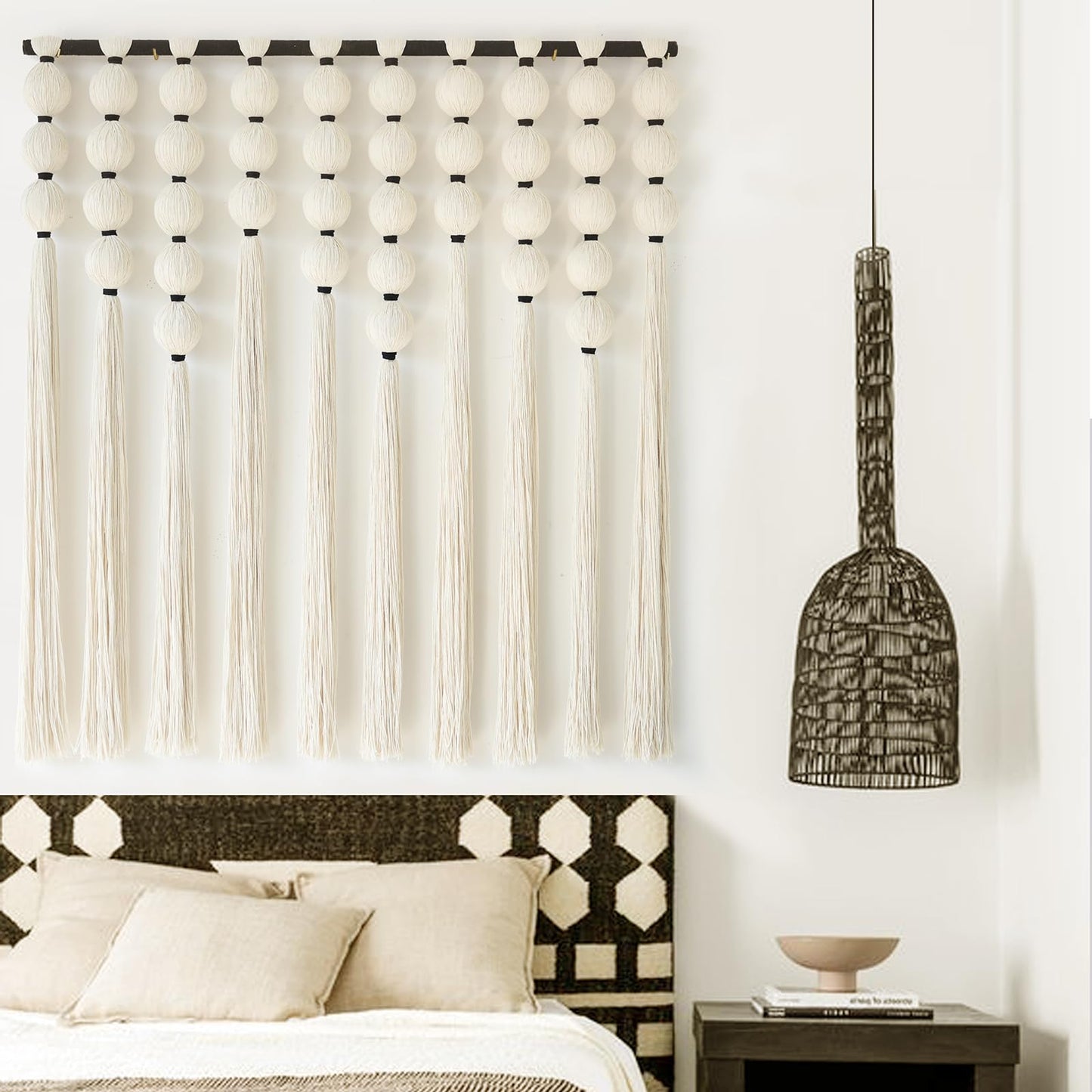 IOWER Macrame Wall Hanging Brown Yarn Beaded Backdrop Boho Wall Decor Round Tassel Home Wall Aesthetic Living Rooms Bedrooms Offices Geometric Art Chic Home Decor 39" W x 55" L