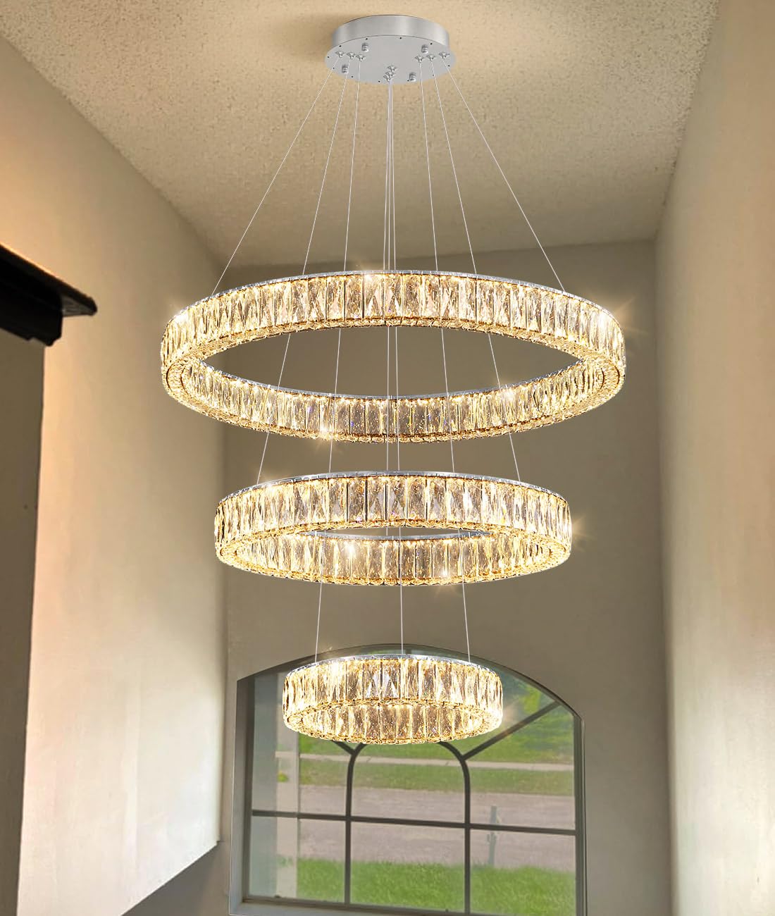 Modern Crystal Chandelier Dimmable LED Ring Pendant Lights Adjustable Glam Chandeliers Lighting Fixtures for Dining Room Living Room Bedroom Silver Light