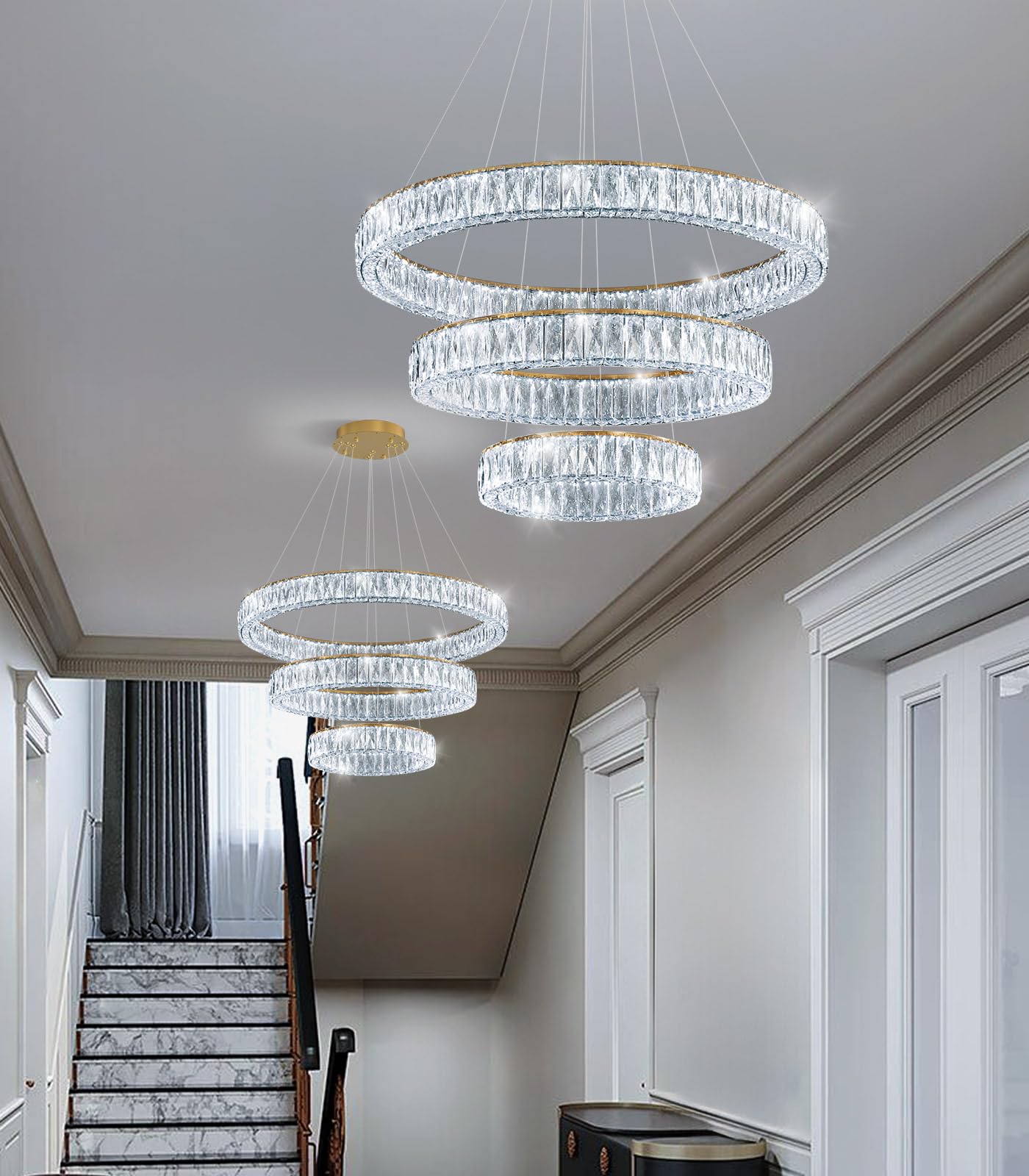 Modern Crystal Chandelier Dimmable LED Ring Pendant Lights Adjustable Glam Chandeliers Lighting Fixtures for Dining Room Living Room Bedroom Silver Light