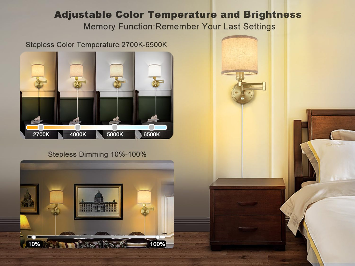 Plug in Wall Sconces with Remote Control, Dimming 10%-100% & Adjustable Colors 2700K-6500K, Hardwire or Plug-in, Swing Arm Wall Lamp with Linen Fabric Shade, Wall Sconces Set of Two, Black Finish