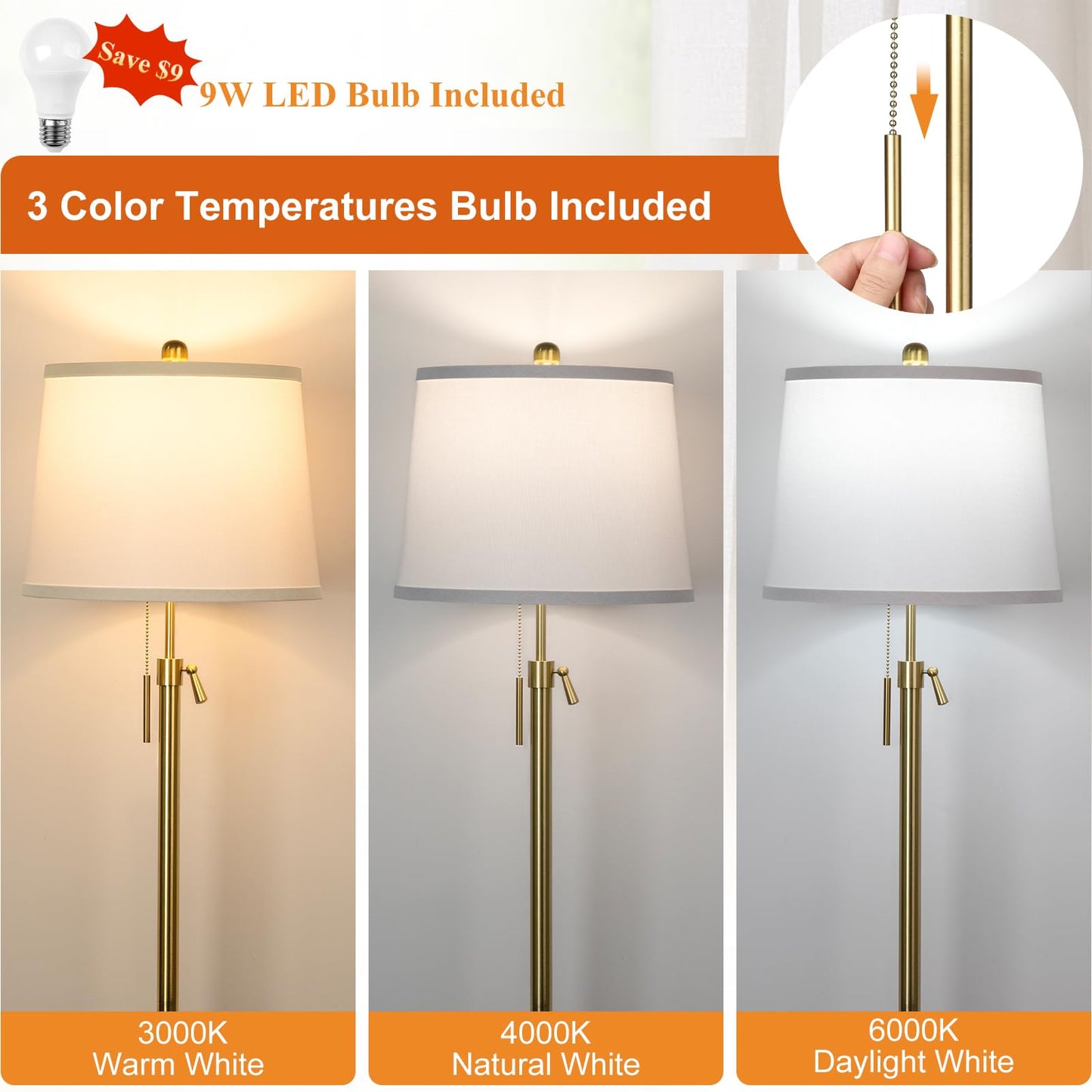 Floor Lamp for Living Room,Adjustable Height Standing Lamp,Dimmable Modern Floor Lamps for Bedroom Office Tall Floor Lights with Pull Chain Bulb Included-Silver Gray Shade