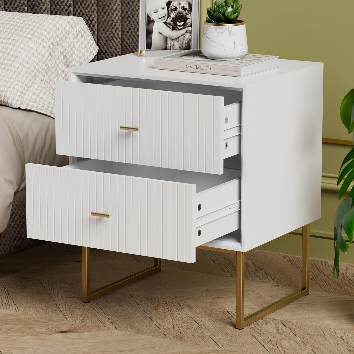 UEV Navy Blue Nightstand Set of 2,Modern Grooved Stripes Bed Side Table with 2 Drawers,Wood End Table with Golden Metal Handles and Pedestal Frame for Bedroom Living Room