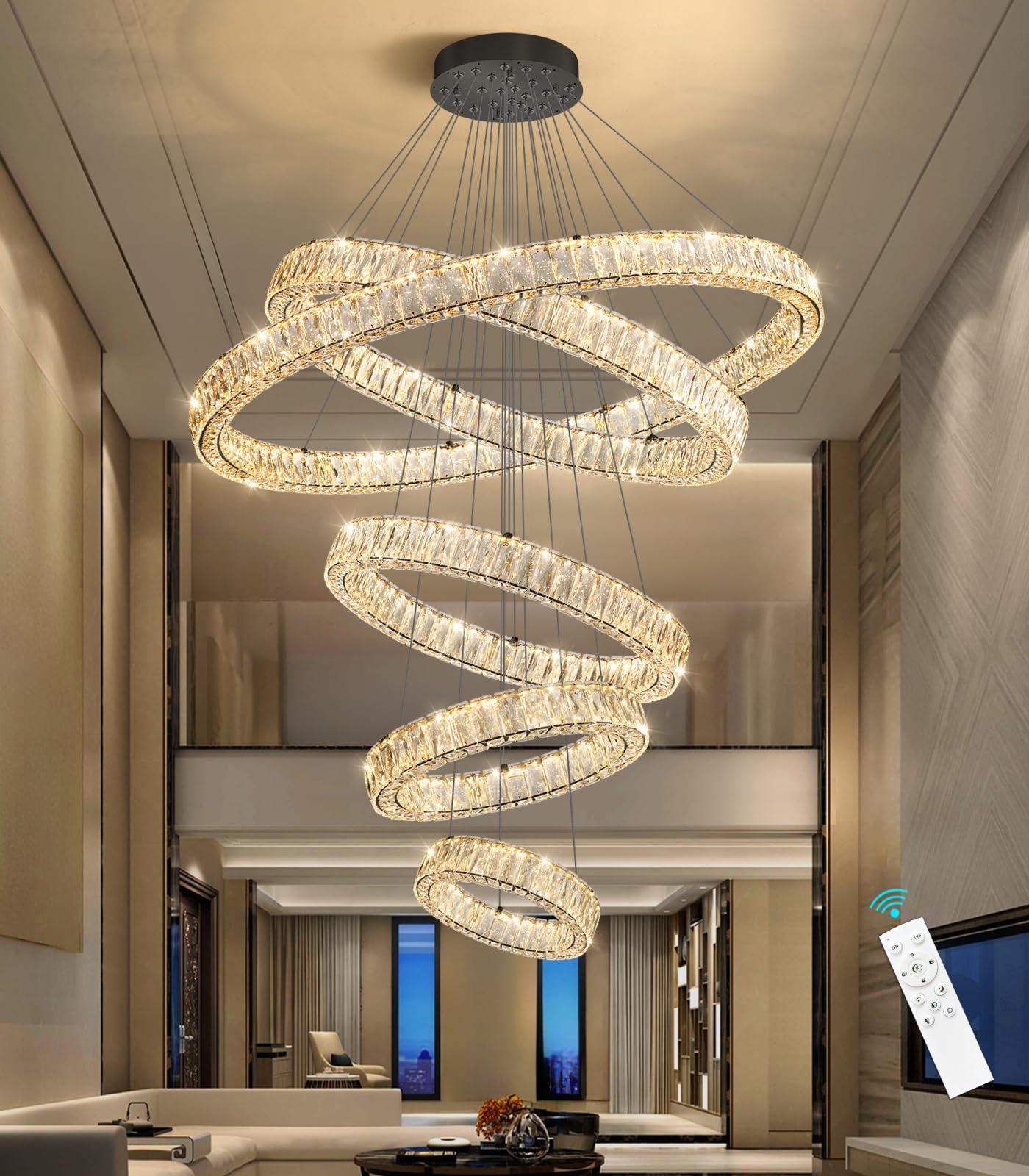 Modern Crystal Chandelier Dimmable LED Ring Pendant Lights Adjustable Glam Chandeliers Lighting Fixtures for Dining Room Living Room Bedroom Silver Light