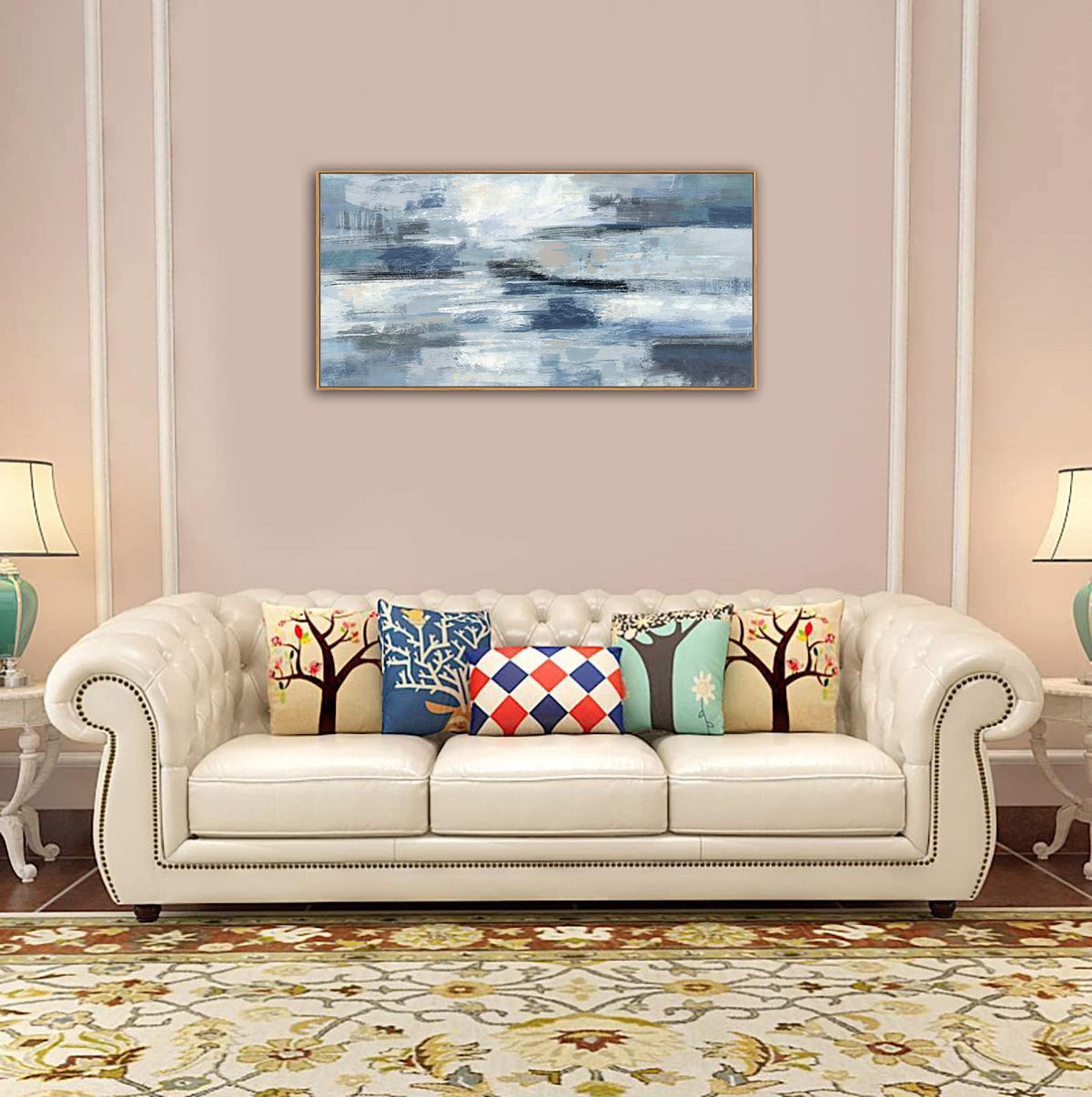 VEAEE Teal Framed Abstract Wall Art - Turquoise Green Colorful Modern Canvas Pictures, Living Room Wall Decor, Contemporary Landscape Painting Prints for Bedroom Bathroom Office Decor 20" x 40"