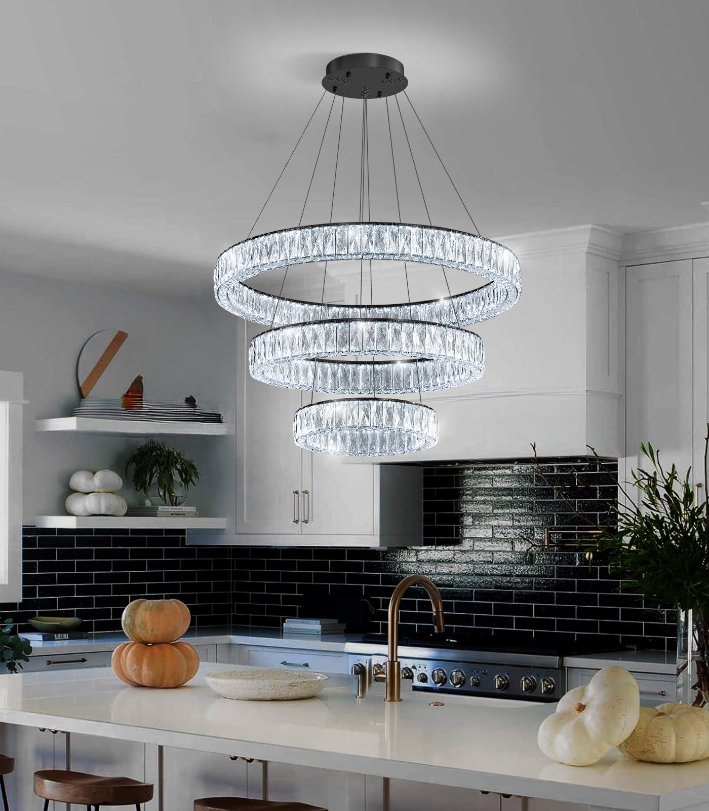 Modern Crystal Chandelier Dimmable LED Ring Pendant Lights Adjustable Glam Chandeliers Lighting Fixtures for Dining Room Living Room Bedroom Silver Light