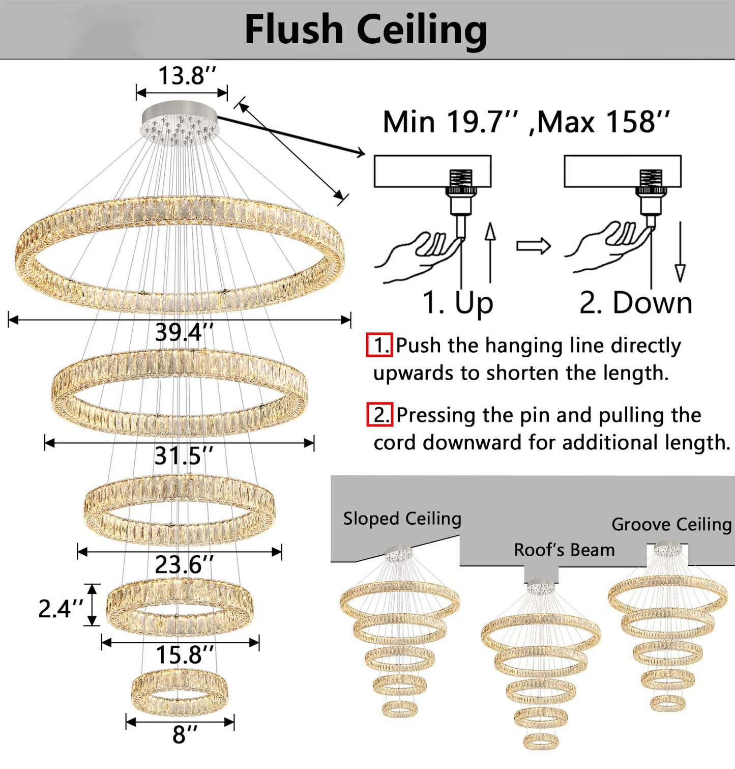 Modern Crystal Chandelier Dimmable LED Ring Pendant Lights Adjustable Glam Chandeliers Lighting Fixtures for Dining Room Living Room Bedroom Silver Light