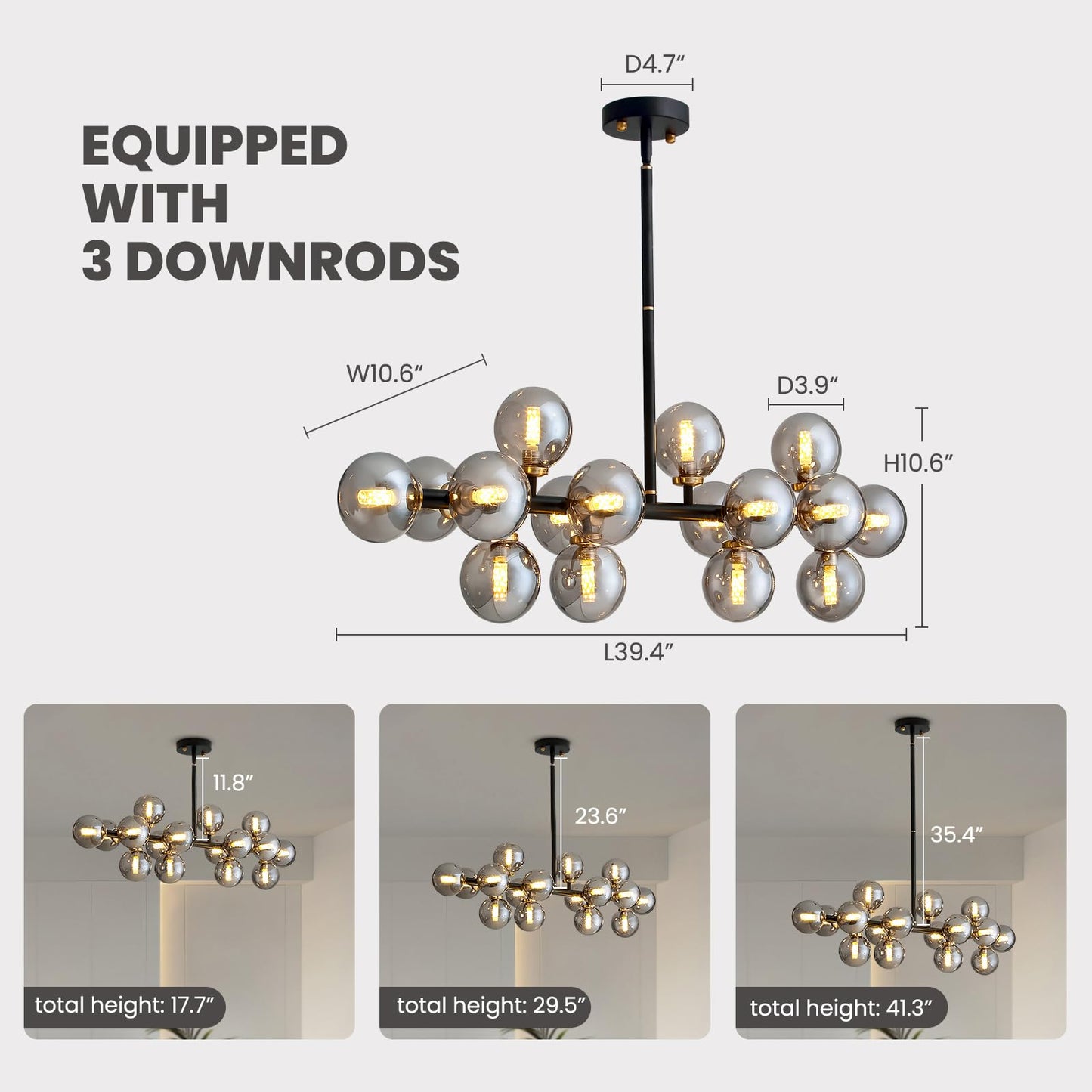 CROSSIO Modern Linear Chandeliers Black 16 Lights Pendant Light Fixtures Bubble Glass Chandelier Mid Century Sputnik Chandelier for Kitchen Island Dining Room