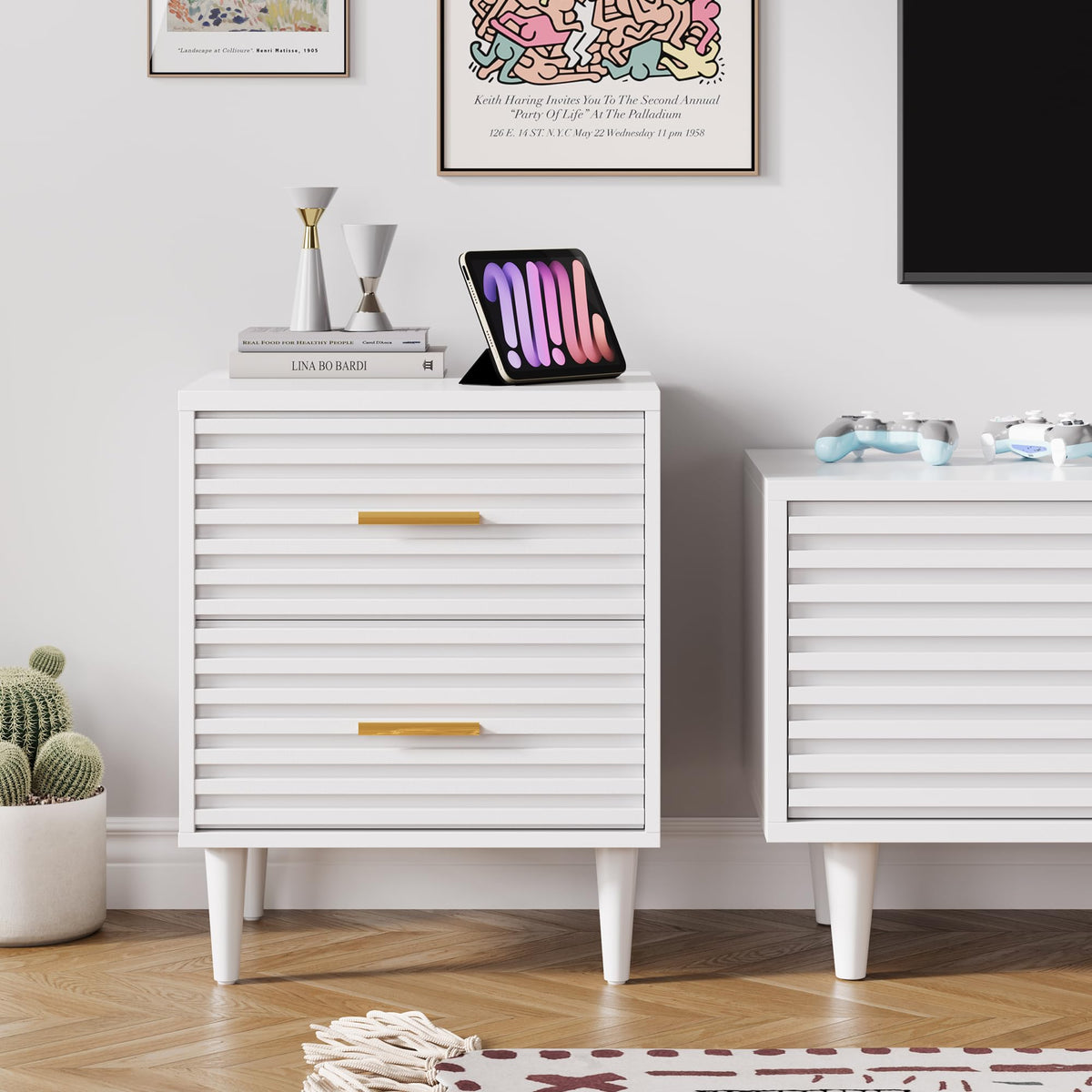 Alohappy Nightstands Set of 2, Mid Century Modern Night Stands, Fluted Bedside Table for Bedroom, Side End Table with Storage Drawers, Vintage Wood Accent Table for Living Room, Brown 2pcs