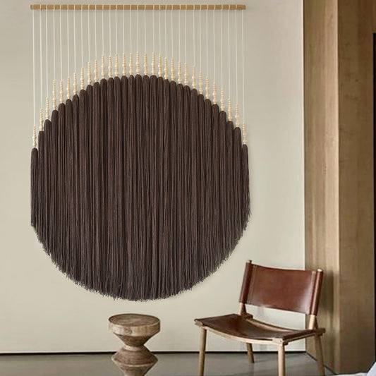 IOWER Macrame Wall Hanging Brown Yarn Beaded Backdrop Boho Wall Decor Round Tassel Home Wall Aesthetic Living Rooms Bedrooms Offices Geometric Art Chic Home Decor 39" W x 55" L