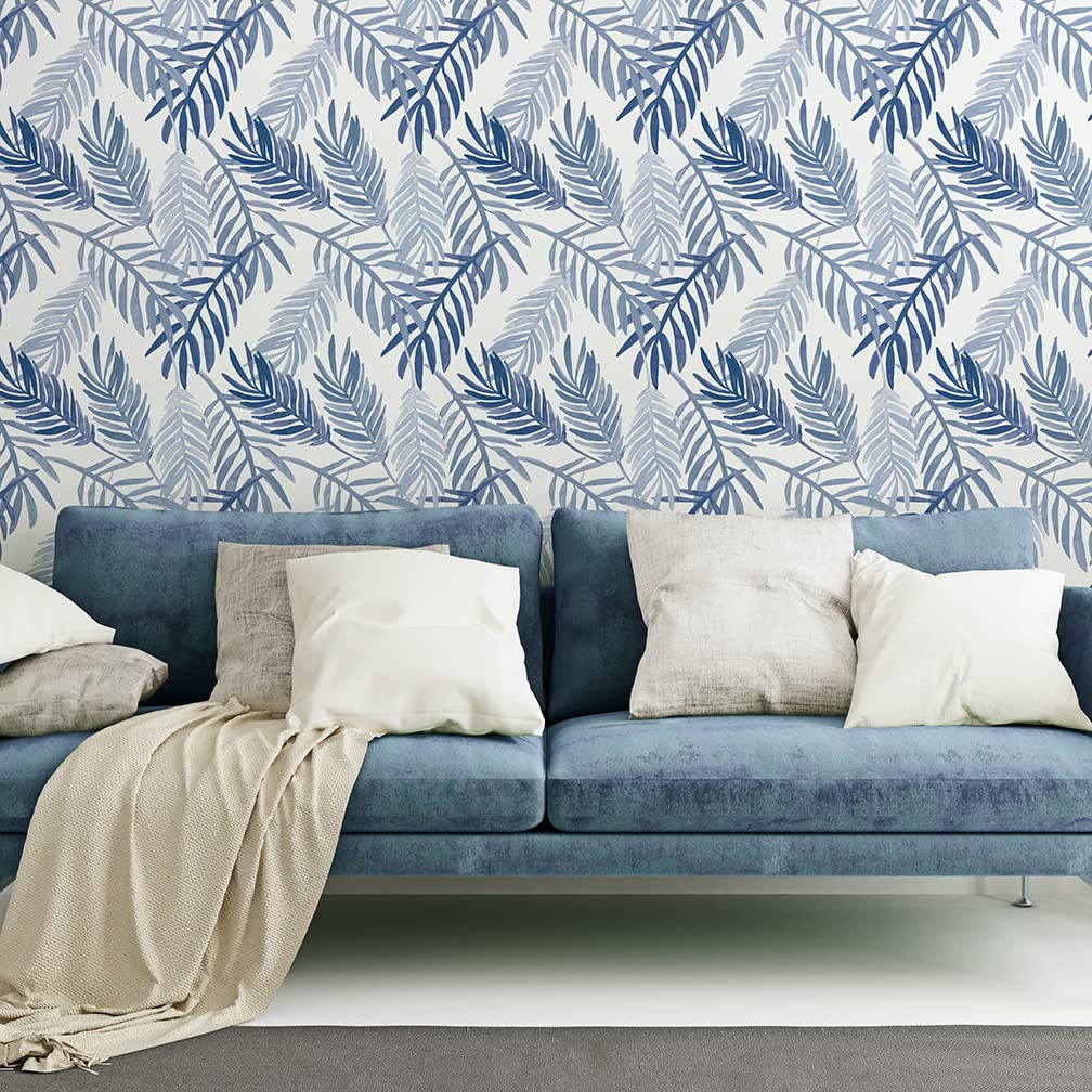 Flipside Blue Palm Leaves Peel and Stick Removable Wallpaper - Each Roll is 18 ft. Long x 18 in. Wide - Safe for Walls - Easy to Apply & Easy to Remove