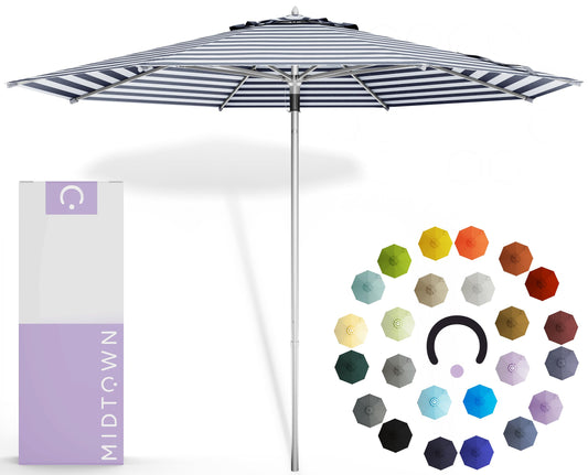 Midtown Umbrellas Push and Pop 9 Feet Outdoor Umbrella With Terylast Black/White Stripes Polyester Fabric - Fiberglass Ribs Deck Patio, Backyard, Garden & Pool - Silver Pole