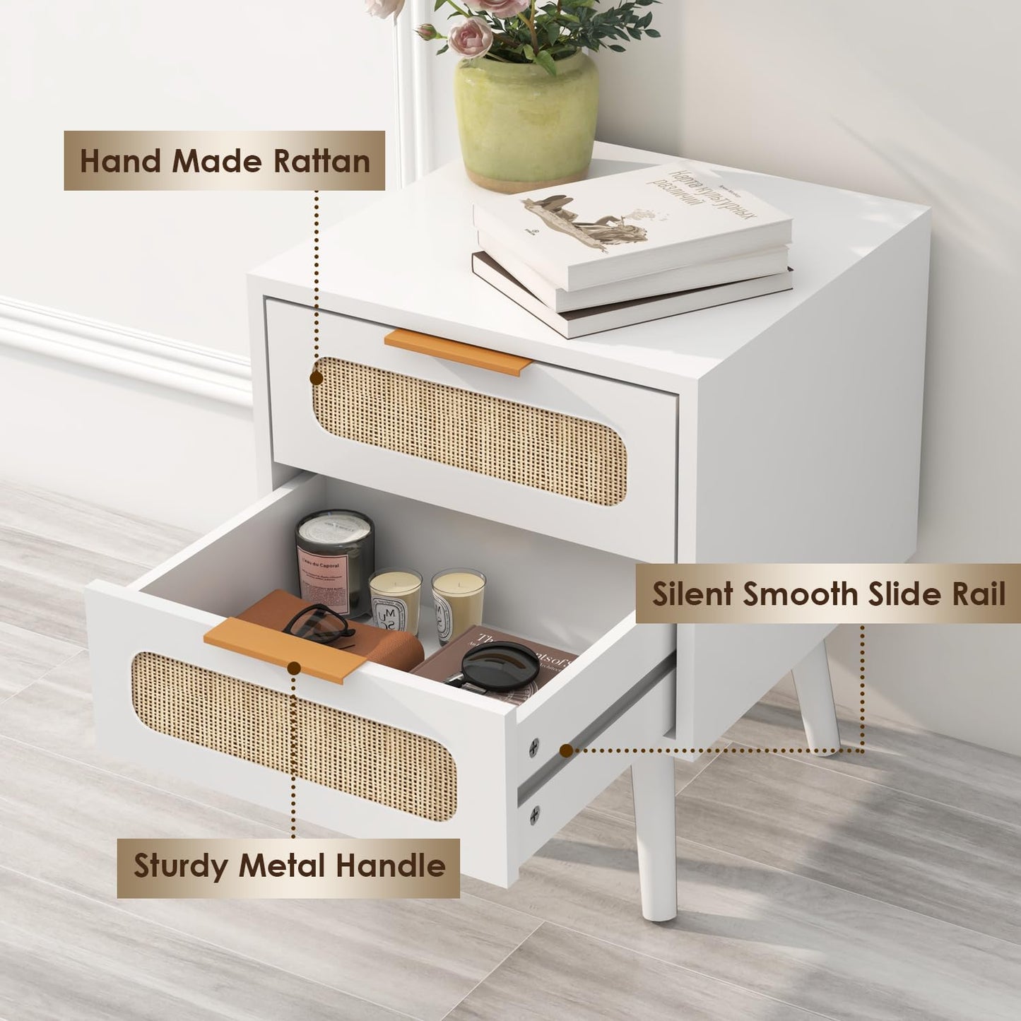 HOPUBUY Nightstands Set of 2 with Rattan Drawer, Modern Night Stand for Bedrooms, Wooden 2 Drawer Bedside Table Side Table for Small Place and Bedroom (Brown, 2 Drawers 2 Pack)