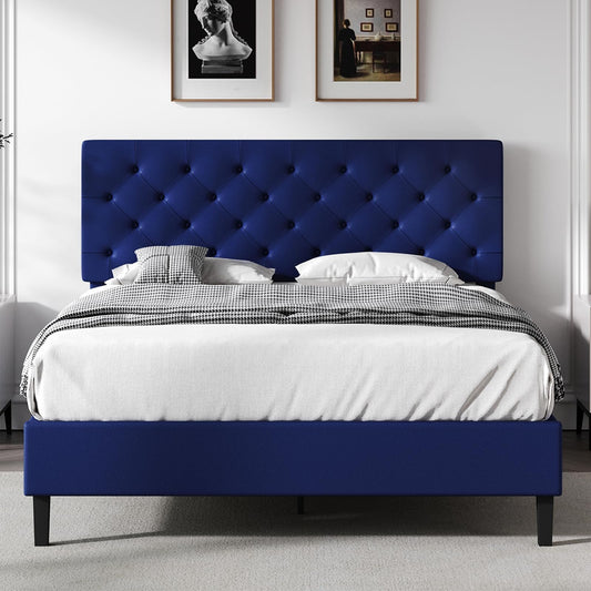 Queen Bed Frame with Headboard, Faux Leather Upholstered Platform Bed Frame, Blue Bed Frame Queen Size, Wooden Slat Support, No Box Spring Needed, Navy Blue