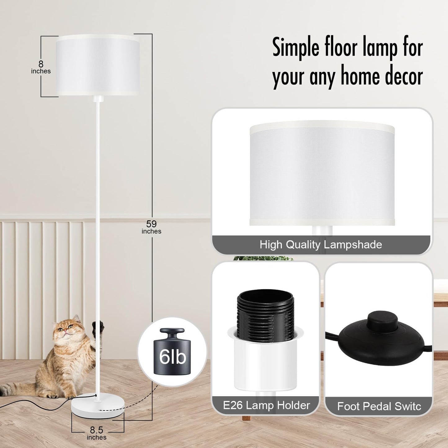 Floor Lamp Black, Standing Lamp, 58" Tall Lamps for Living Room, Simple Pole Lamp with Black Lampshade, On/Off Foot Pedal, Bright Dimming Light for Kids Room Bedroom Office Decor(Without Bulbs)