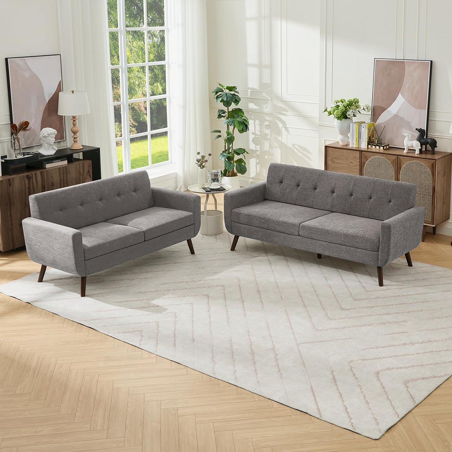 Tbfit 65" W Loveseat Sofa, Mid Century Modern Love Seat Couches for Living Room, Button Tufted Upholstered Small Couch for Bedroom, Solid and Easy to Install Love Seats Furniture, Grey