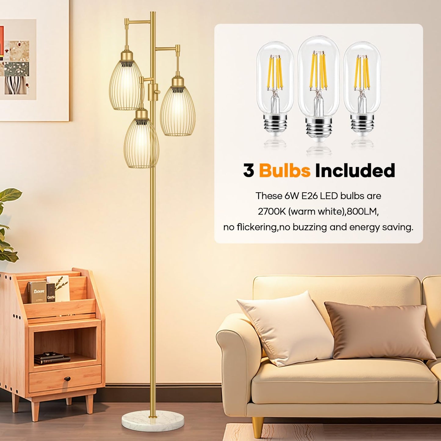 Dimmable Floor Lamp, 3 x 800LM LED Edison Bulbs Included, Farmhouse Industrial Floor Lamp Standing Tree Lamp with Elegant Teardrop Cage Tall Lamps for Living Room Bedroom Office Dining Room-Black