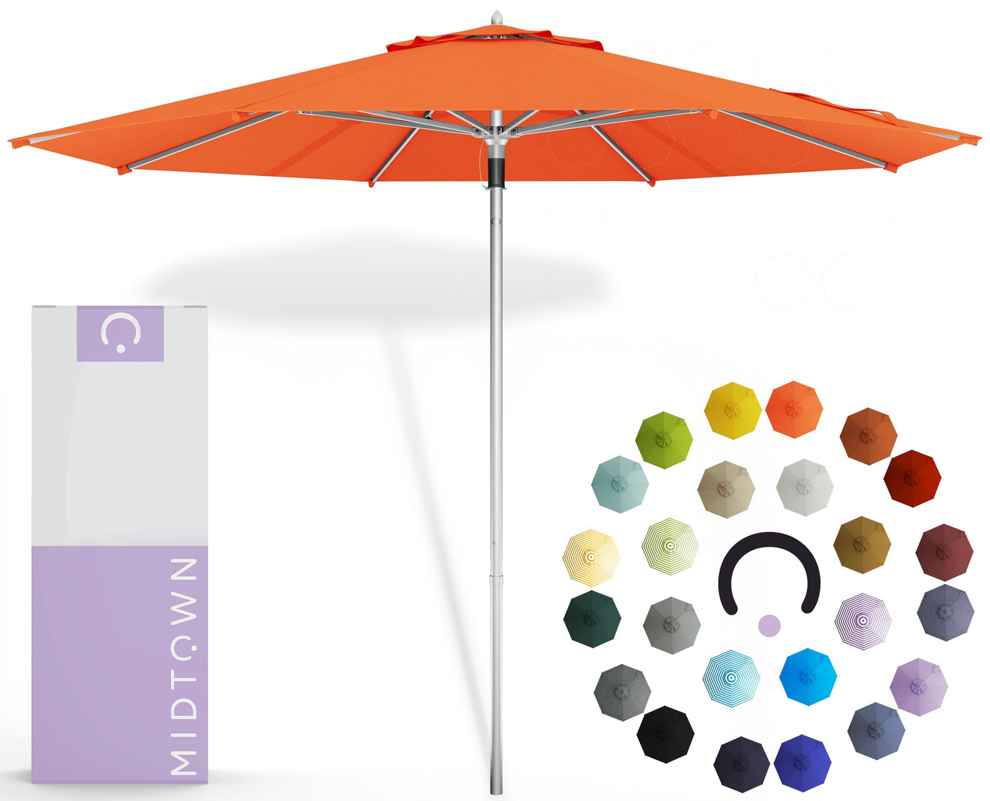 Midtown Umbrellas Push and Pop 9 Feet Outdoor Umbrella With Terylast Black/White Stripes Polyester Fabric - Fiberglass Ribs Deck Patio, Backyard, Garden & Pool - Silver Pole