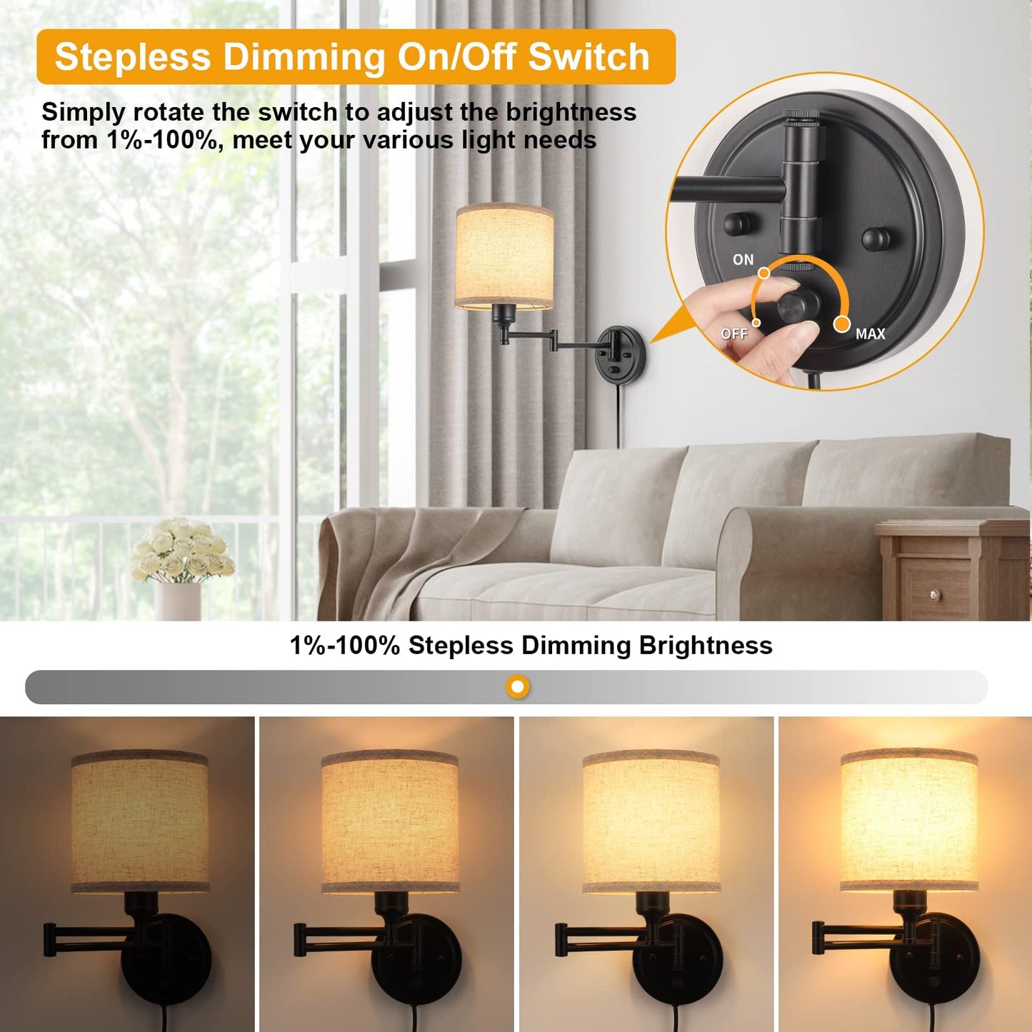 Plug in Wall Sconces with Remote Control, Dimming 10%-100% & Adjustable Colors 2700K-6500K, Hardwire or Plug-in, Swing Arm Wall Lamp with Linen Fabric Shade, Wall Sconces Set of Two, Black Finish
