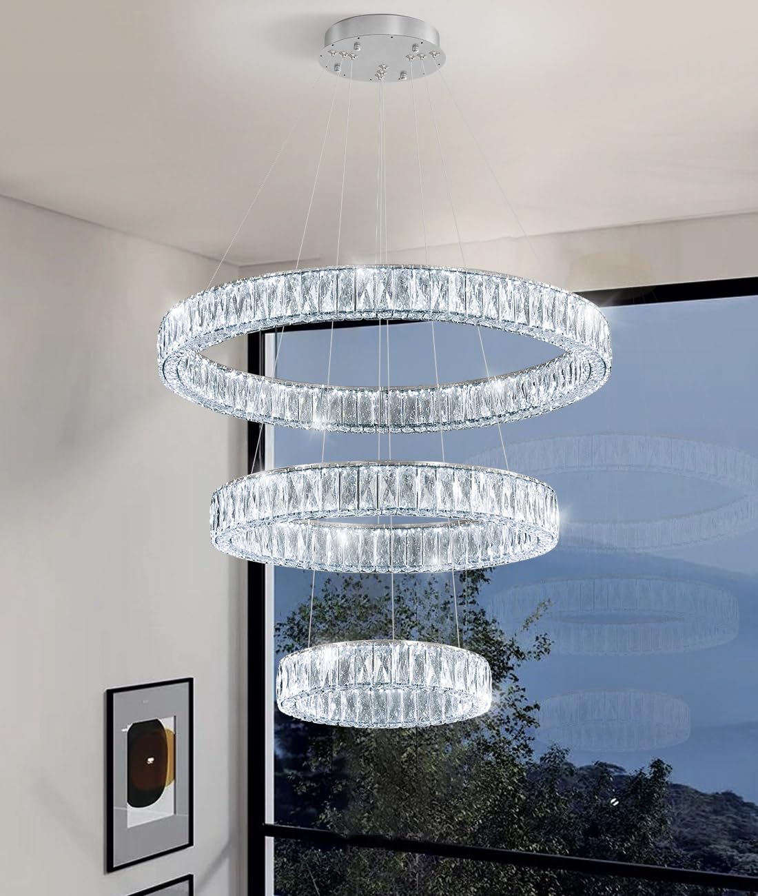 Modern Crystal Chandelier Dimmable LED Ring Pendant Lights Adjustable Glam Chandeliers Lighting Fixtures for Dining Room Living Room Bedroom Silver Light