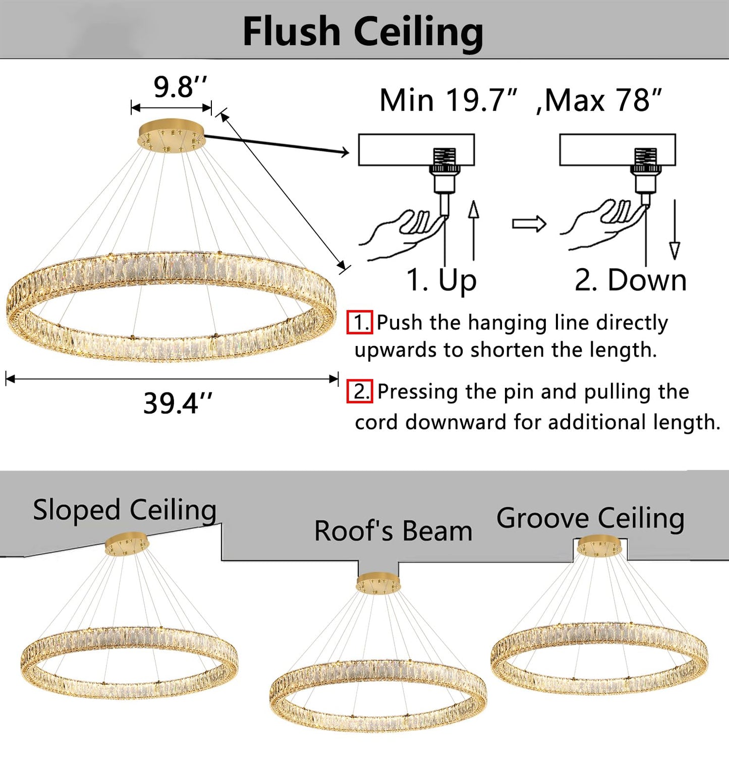 Modern Crystal Chandelier Dimmable LED Ring Pendant Lights Adjustable Glam Chandeliers Lighting Fixtures for Dining Room Living Room Bedroom Silver Light