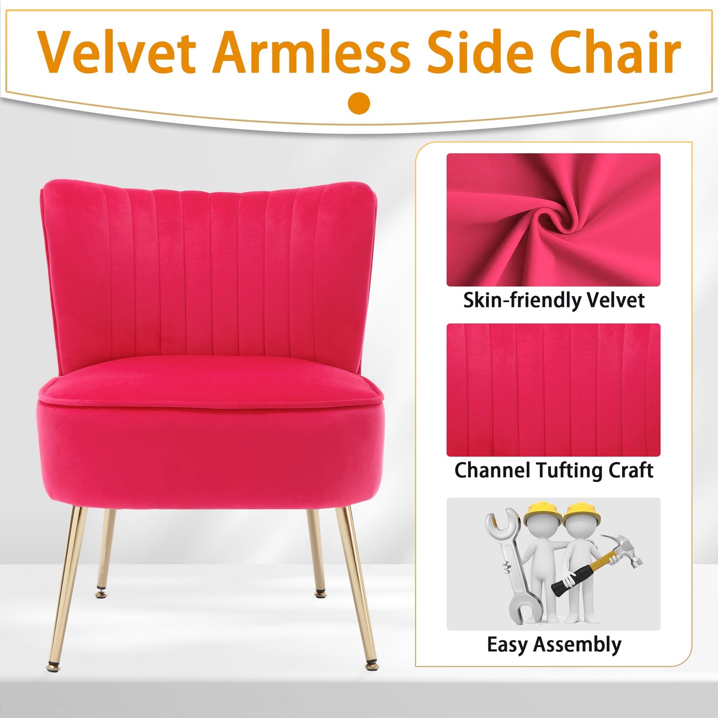 ABET Accent Chairs Set of 2, Velvet Armless Living Room Chairs with Tufted Wingback Thicken Cushion Gold Metal Legs, Comfy Upholstered Side Chairs Slipper Chairs Club Chairs for Bedroom, Beige