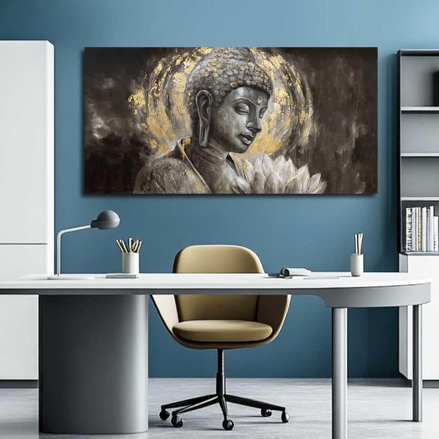 MLART99 Blue and White Abstract Wall Art Grunge Posters Gold Painting for Home Office 29"x 58" Gallery Wall Prints Large Size Artwork for Walls