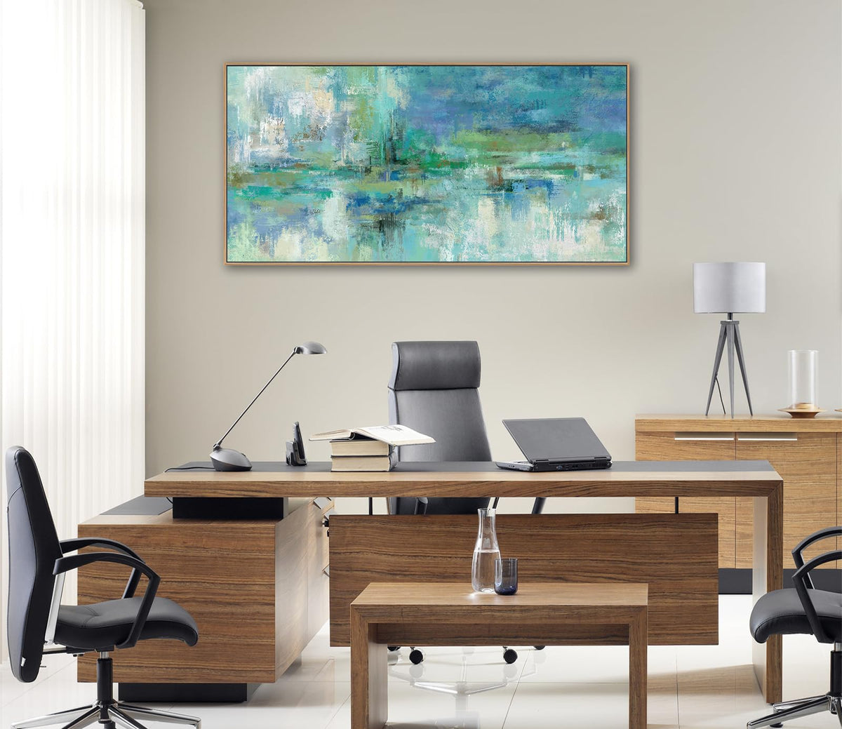 VEAEE Teal Framed Abstract Wall Art - Turquoise Green Colorful Modern Canvas Pictures, Living Room Wall Decor, Contemporary Landscape Painting Prints for Bedroom Bathroom Office Decor 20" x 40"