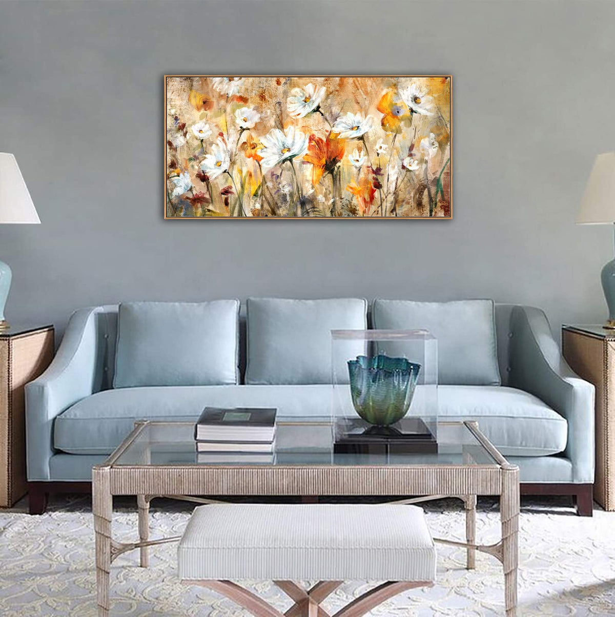 VEAEE Teal Framed Abstract Wall Art - Turquoise Green Colorful Modern Canvas Pictures, Living Room Wall Decor, Contemporary Landscape Painting Prints for Bedroom Bathroom Office Decor 20" x 40"