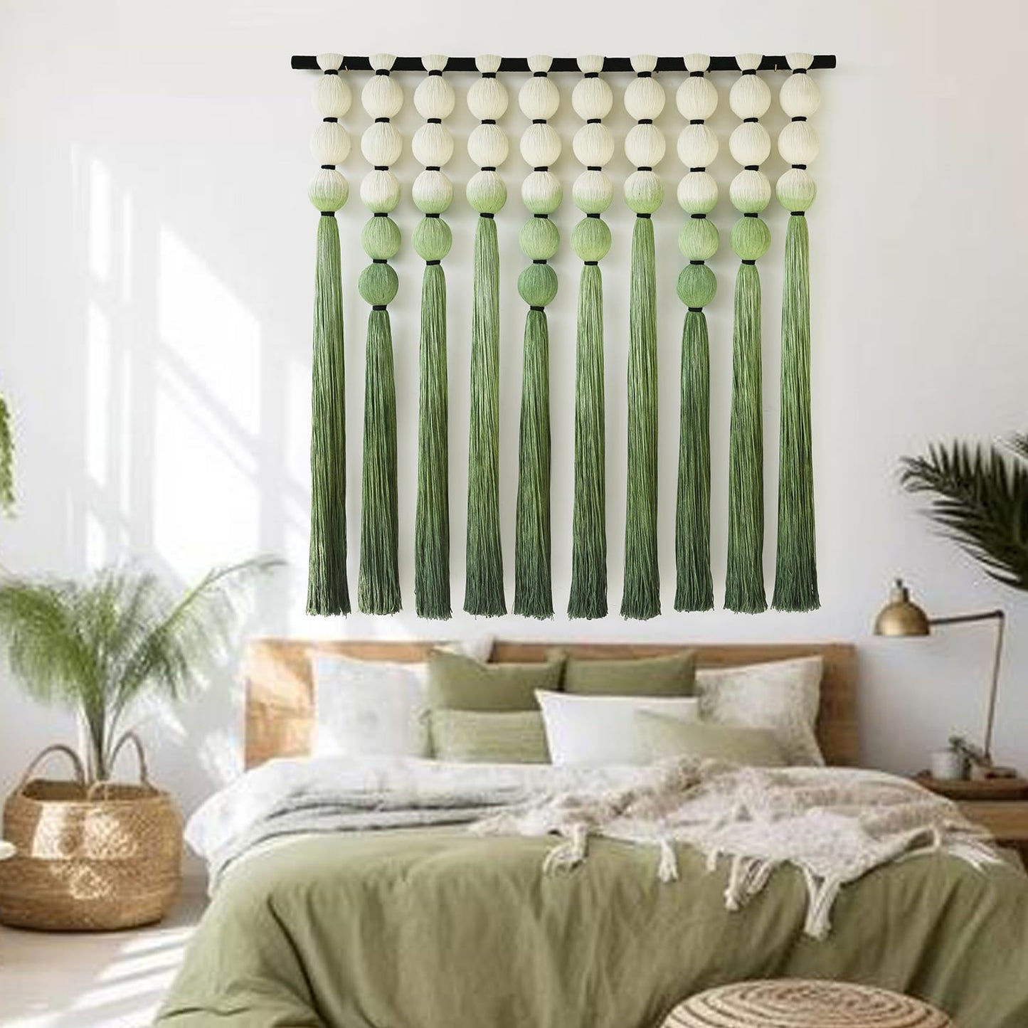 IOWER Macrame Wall Hanging Brown Yarn Beaded Backdrop Boho Wall Decor Round Tassel Home Wall Aesthetic Living Rooms Bedrooms Offices Geometric Art Chic Home Decor 39" W x 55" L