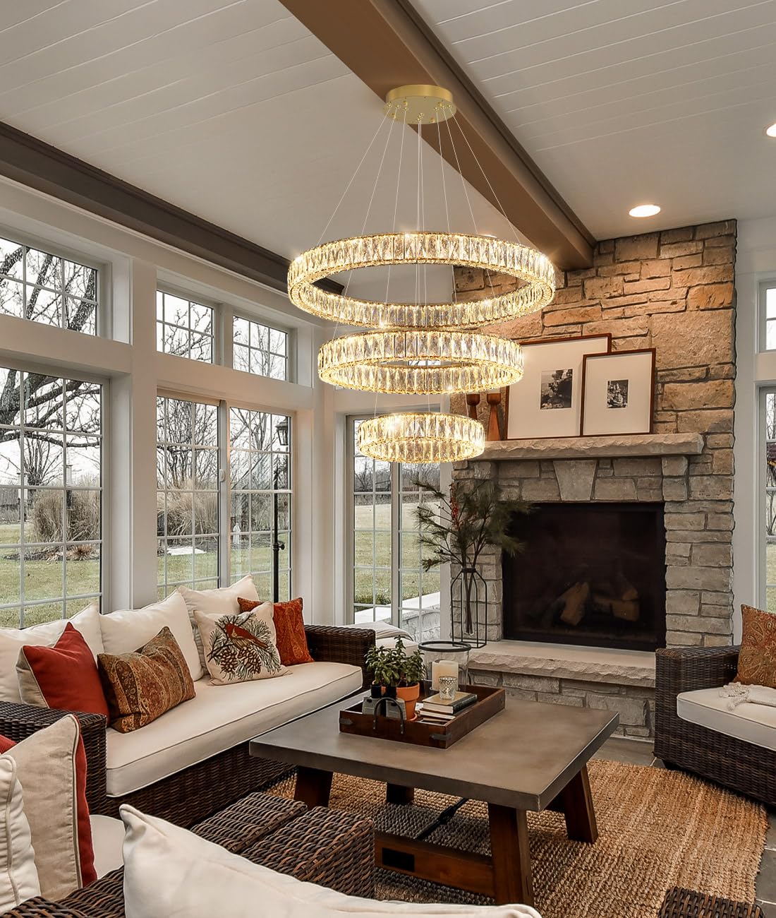 Modern Crystal Chandelier Dimmable LED Ring Pendant Lights Adjustable Glam Chandeliers Lighting Fixtures for Dining Room Living Room Bedroom Silver Light