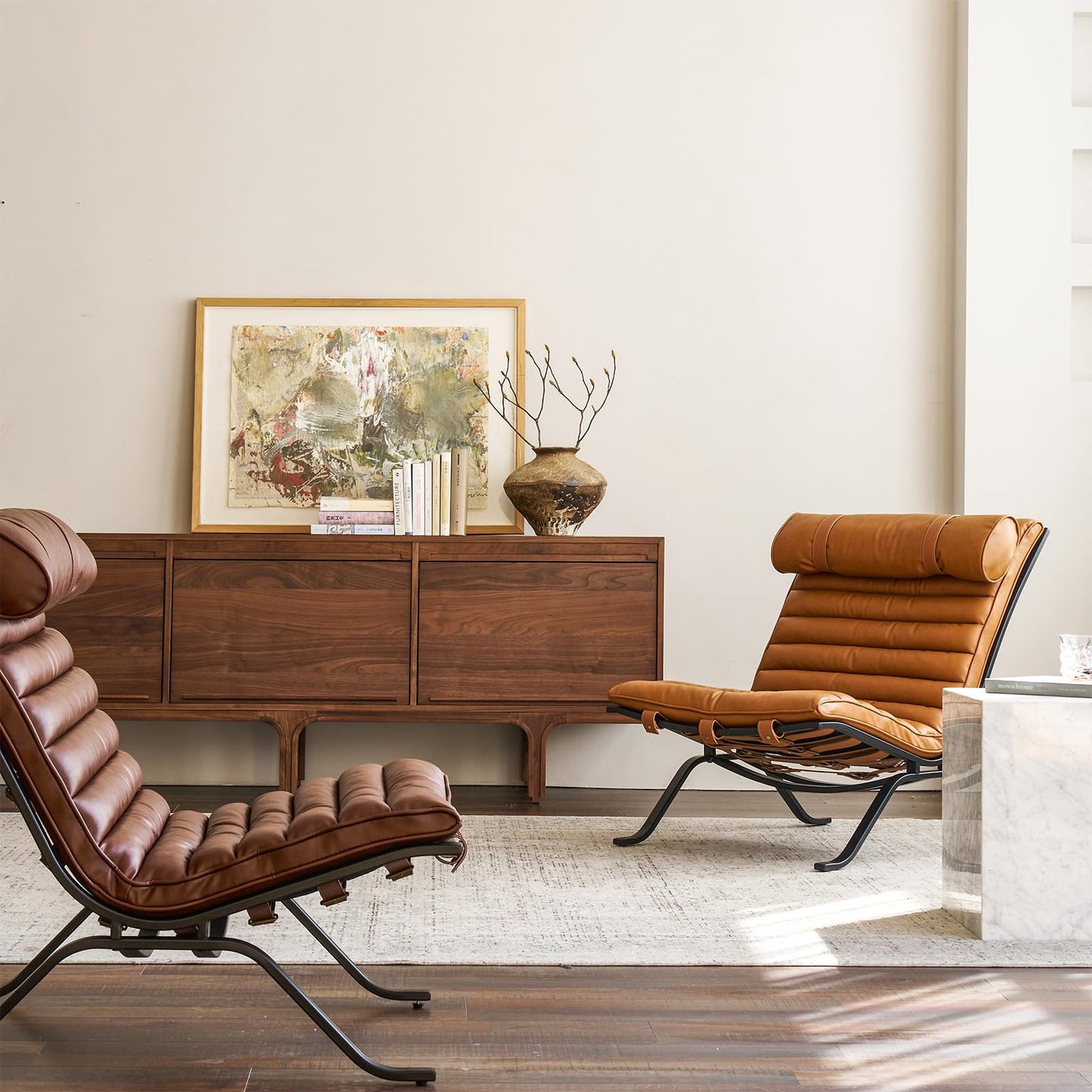 Leather Upholstered Armless Chair Modern Design Lounge Chair with Metal Frame and Headrest Cushion Comfortable Suitable for Living Room Bedroom Office (Dark Brown)
