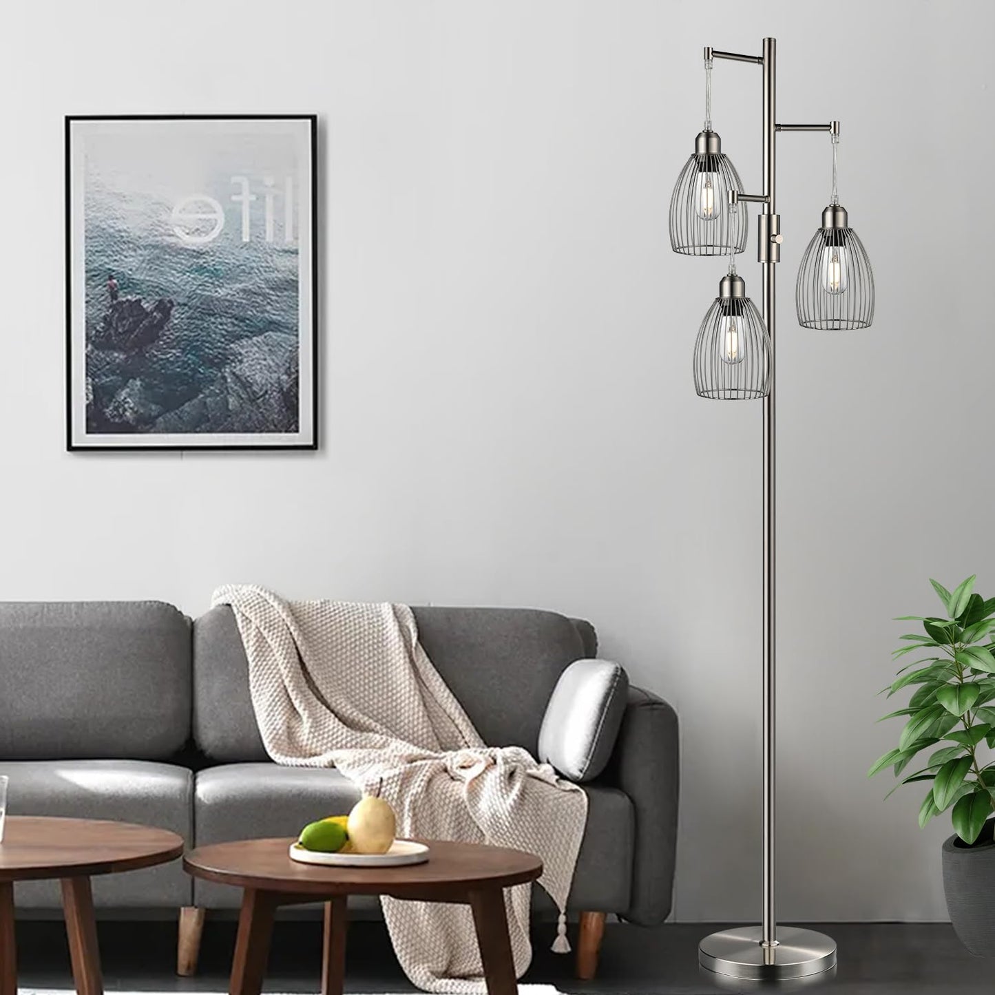 Dimmable Floor Lamp, 3 x 800LM LED Edison Bulbs Included, Farmhouse Industrial Floor Lamp Standing Tree Lamp with Elegant Teardrop Cage Tall Lamps for Living Room Bedroom Office Dining Room-Black