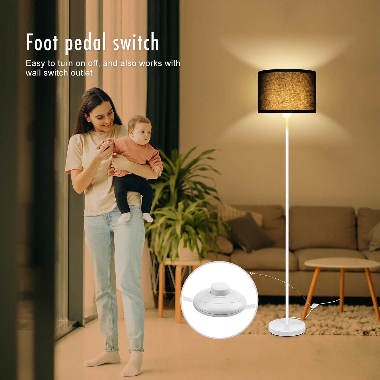 Floor Lamp Black, Standing Lamp, 58" Tall Lamps for Living Room, Simple Pole Lamp with Black Lampshade, On/Off Foot Pedal, Bright Dimming Light for Kids Room Bedroom Office Decor(Without Bulbs)