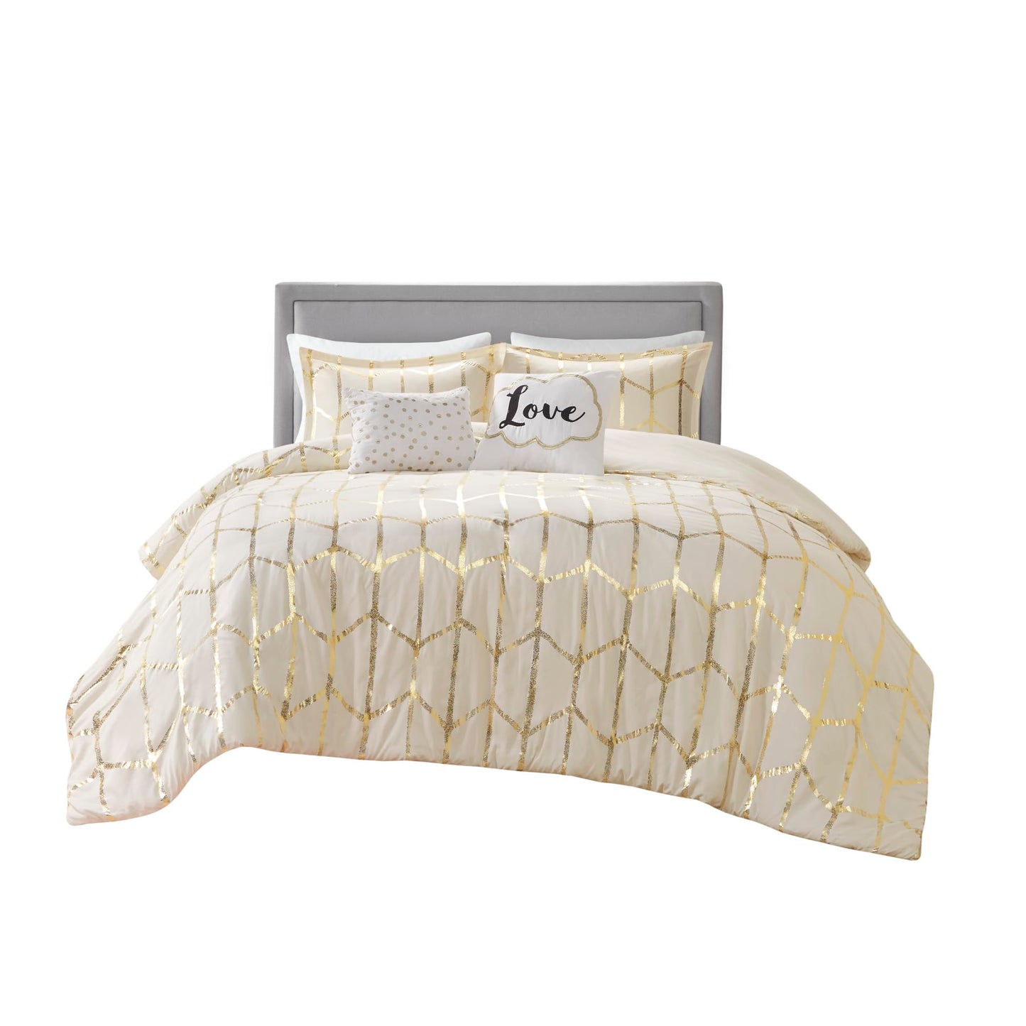 Intelligent Design, Soft Microfiber Comforter Modern Geometric Metallic Bed Set, Full/Queen, Grey/Silver