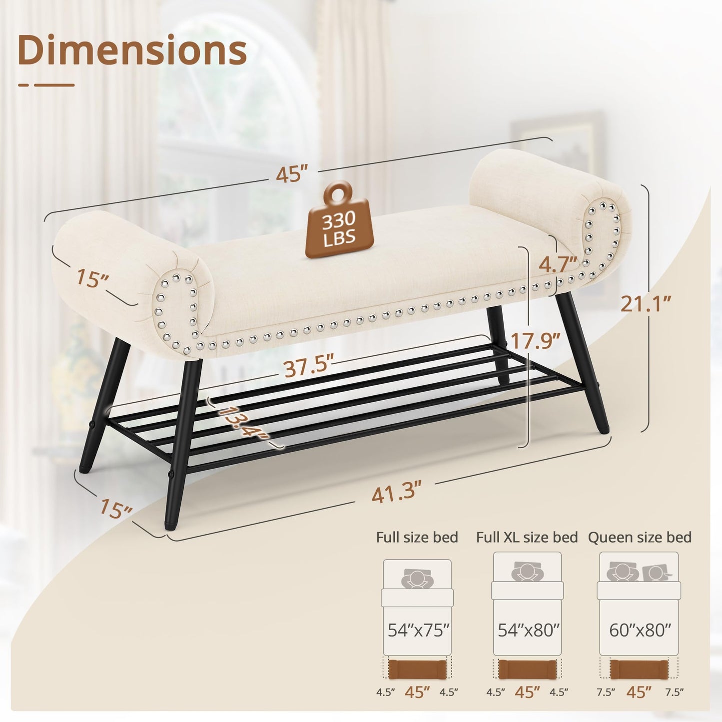 LUE BONA 45.3" End of Bed Bench, Modern Bedroom Leather Upholstered Shoe Benches, Ottoman with Stable Metal Frame and Solid Shelf for Bedroom, entryway, Living Room，Foyer, 330LB, Brown