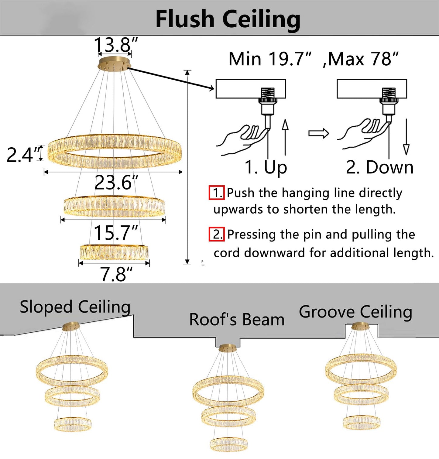 Modern Crystal Chandelier Dimmable LED Ring Pendant Lights Adjustable Glam Chandeliers Lighting Fixtures for Dining Room Living Room Bedroom Silver Light