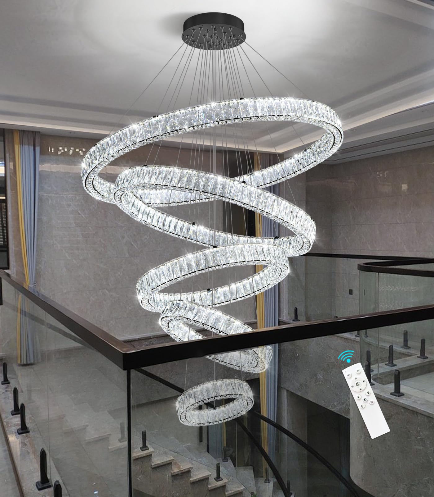 Modern Crystal Chandelier Dimmable LED Ring Pendant Lights Adjustable Glam Chandeliers Lighting Fixtures for Dining Room Living Room Bedroom Silver Light