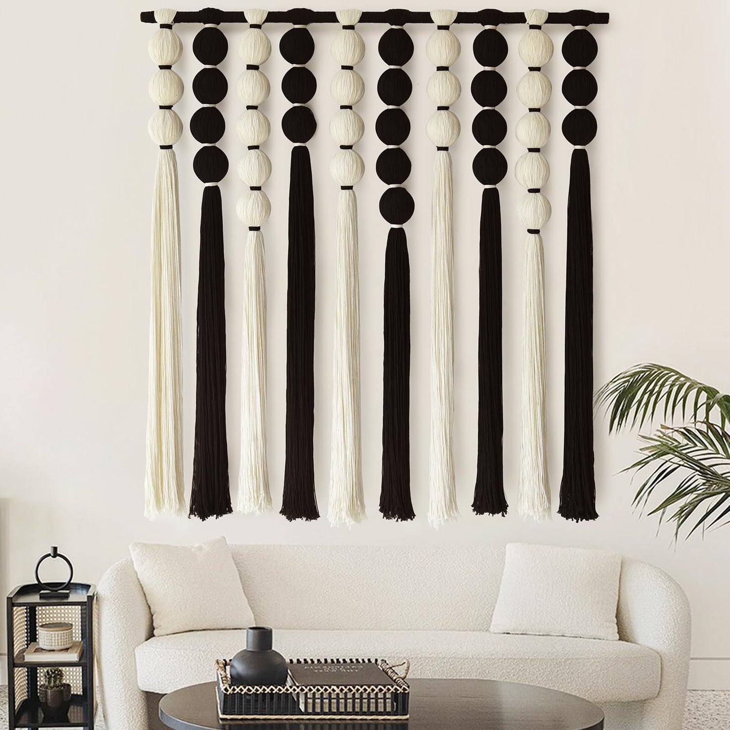 IOWER Macrame Wall Hanging Brown Yarn Beaded Backdrop Boho Wall Decor Round Tassel Home Wall Aesthetic Living Rooms Bedrooms Offices Geometric Art Chic Home Decor 39" W x 55" L