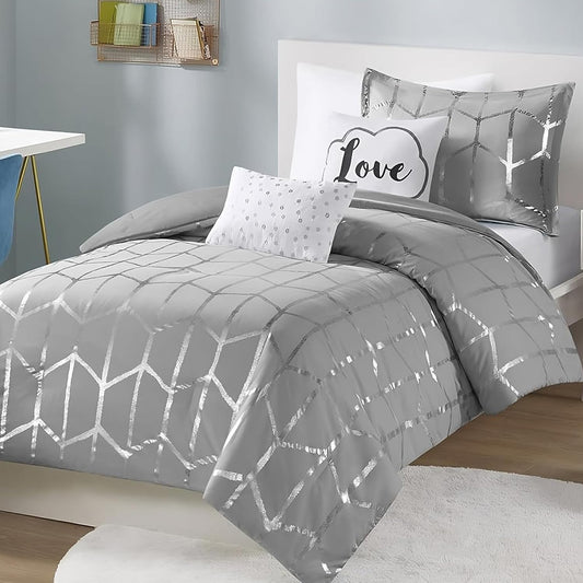 Intelligent Design, Soft Microfiber Comforter Modern Geometric Metallic Bed Set, Full/Queen, Grey/Silver