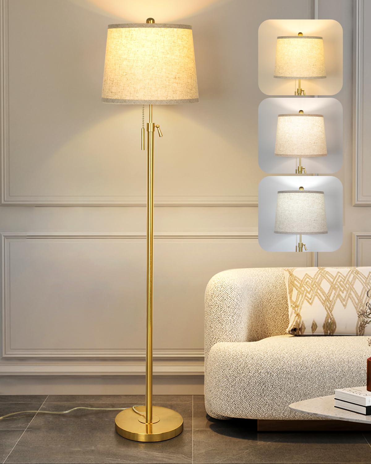 Floor Lamp for Living Room,Adjustable Height Standing Lamp,Dimmable Modern Floor Lamps for Bedroom Office Tall Floor Lights with Pull Chain Bulb Included-Silver Gray Shade