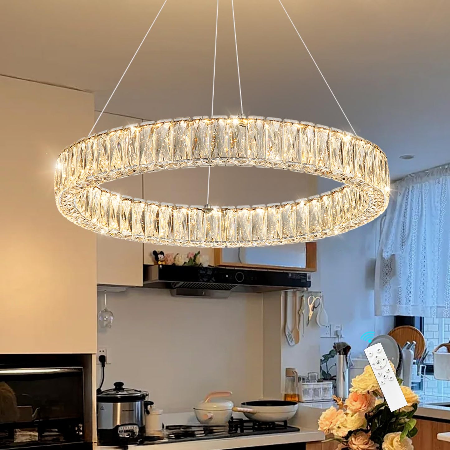 Modern Crystal Chandelier Dimmable LED Ring Pendant Lights Adjustable Glam Chandeliers Lighting Fixtures for Dining Room Living Room Bedroom Silver Light