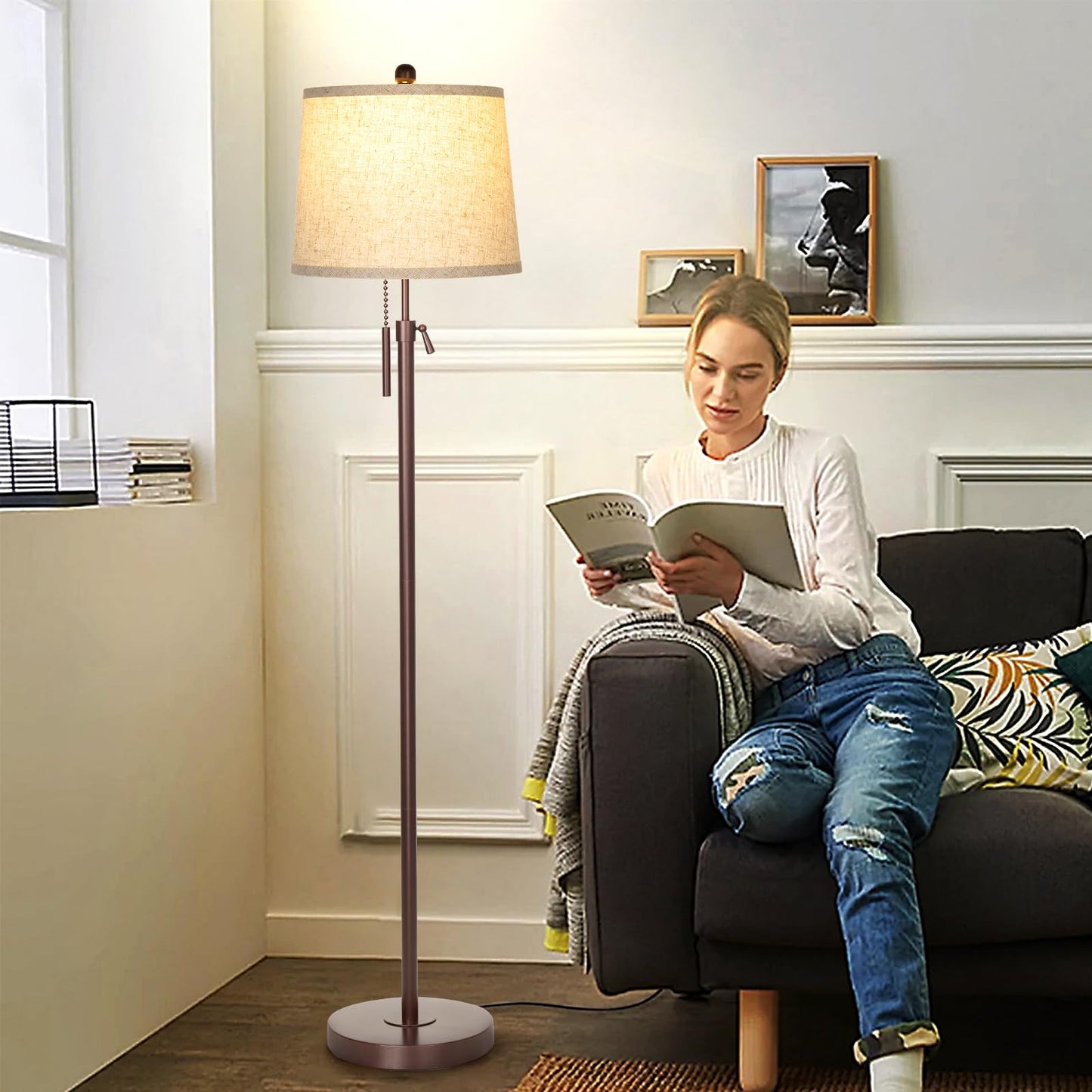 Floor Lamp for Living Room,Adjustable Height Standing Lamp,Dimmable Modern Floor Lamps for Bedroom Office Tall Floor Lights with Pull Chain Bulb Included-Silver Gray Shade