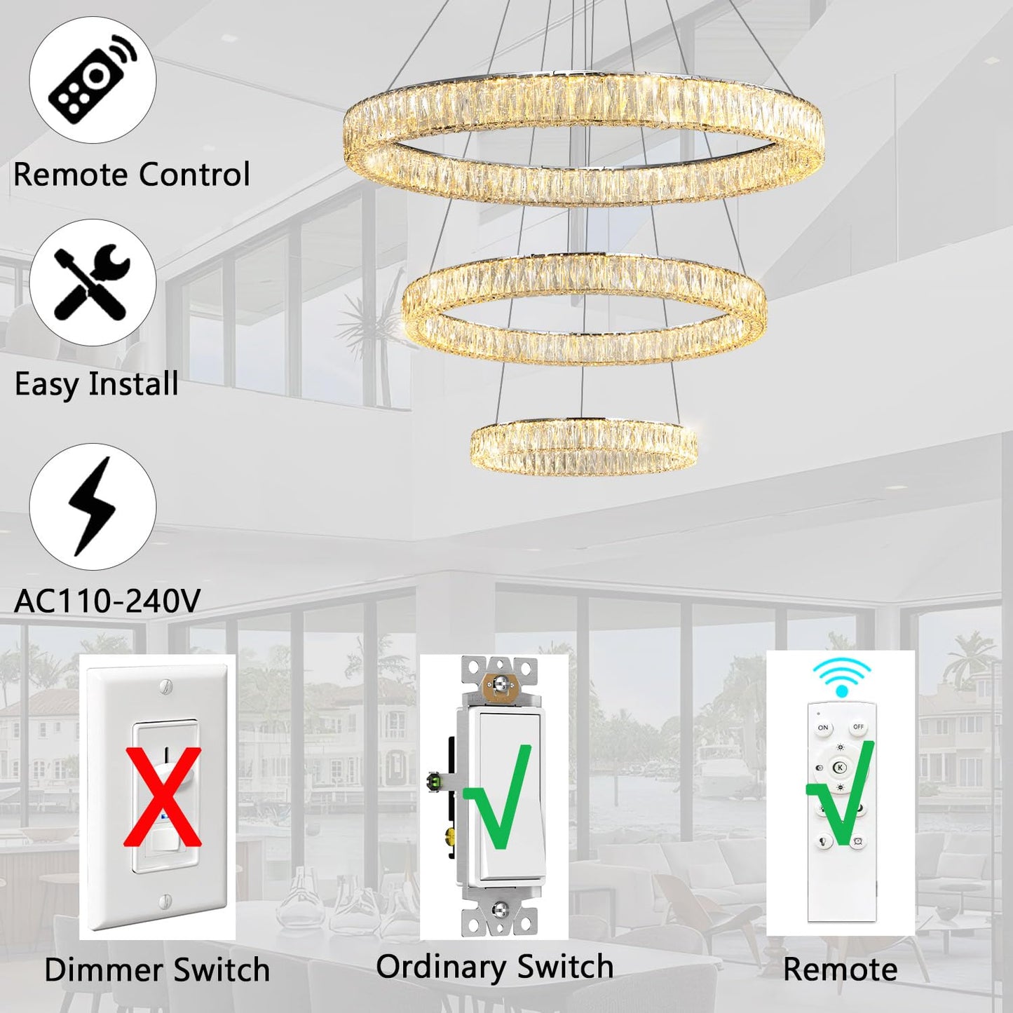 Modern Crystal Chandelier Dimmable LED Ring Pendant Lights Adjustable Glam Chandeliers Lighting Fixtures for Dining Room Living Room Bedroom Silver Light