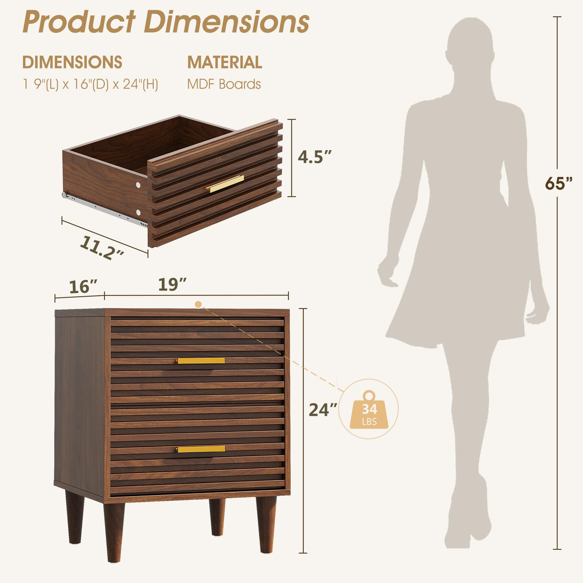 Alohappy Nightstands Set of 2, Mid Century Modern Night Stands, Fluted Bedside Table for Bedroom, Side End Table with Storage Drawers, Vintage Wood Accent Table for Living Room, Brown 2pcs