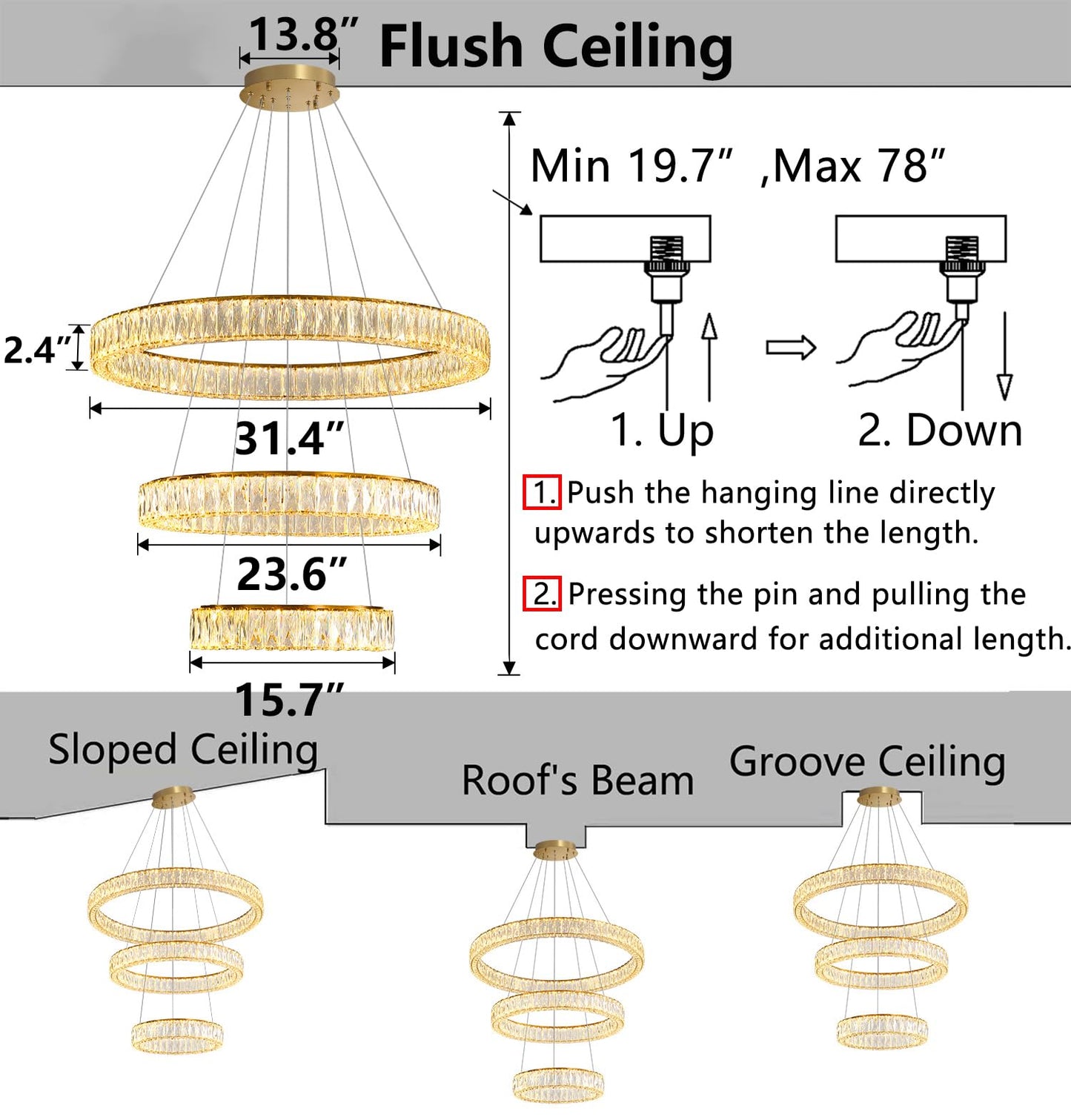 Modern Crystal Chandelier Dimmable LED Ring Pendant Lights Adjustable Glam Chandeliers Lighting Fixtures for Dining Room Living Room Bedroom Silver Light