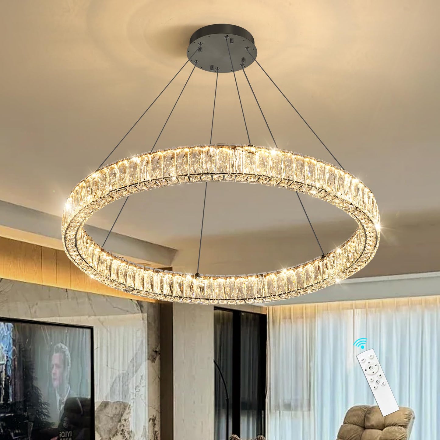 Modern Crystal Chandelier Dimmable LED Ring Pendant Lights Adjustable Glam Chandeliers Lighting Fixtures for Dining Room Living Room Bedroom Silver Light