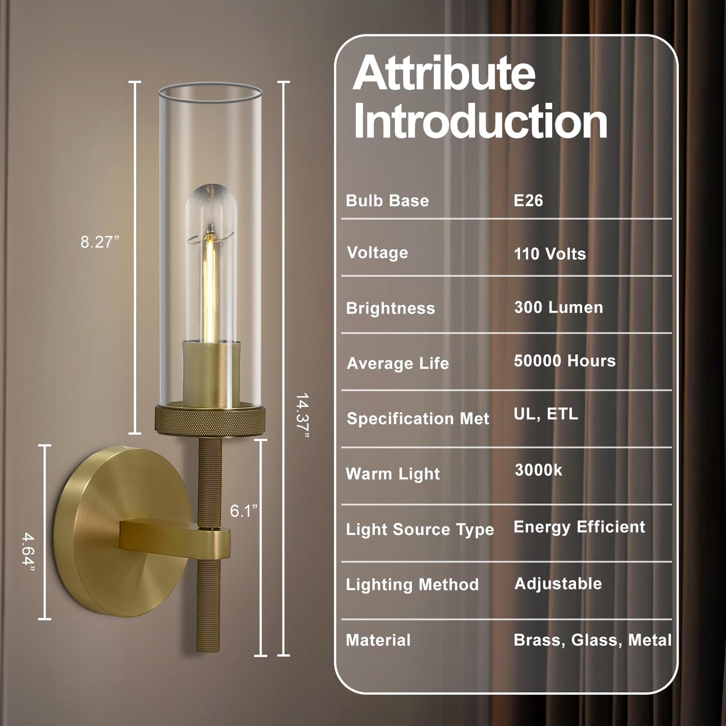 Brass Wall Sconces Set of Two, 19" Knurled Gold Sconces Wall Lighting, Tube Glass Bathroom Sconces Wall Lights for Bedroom Living Room Vanity Sconce Wall Lamp for Hallway, Staircase